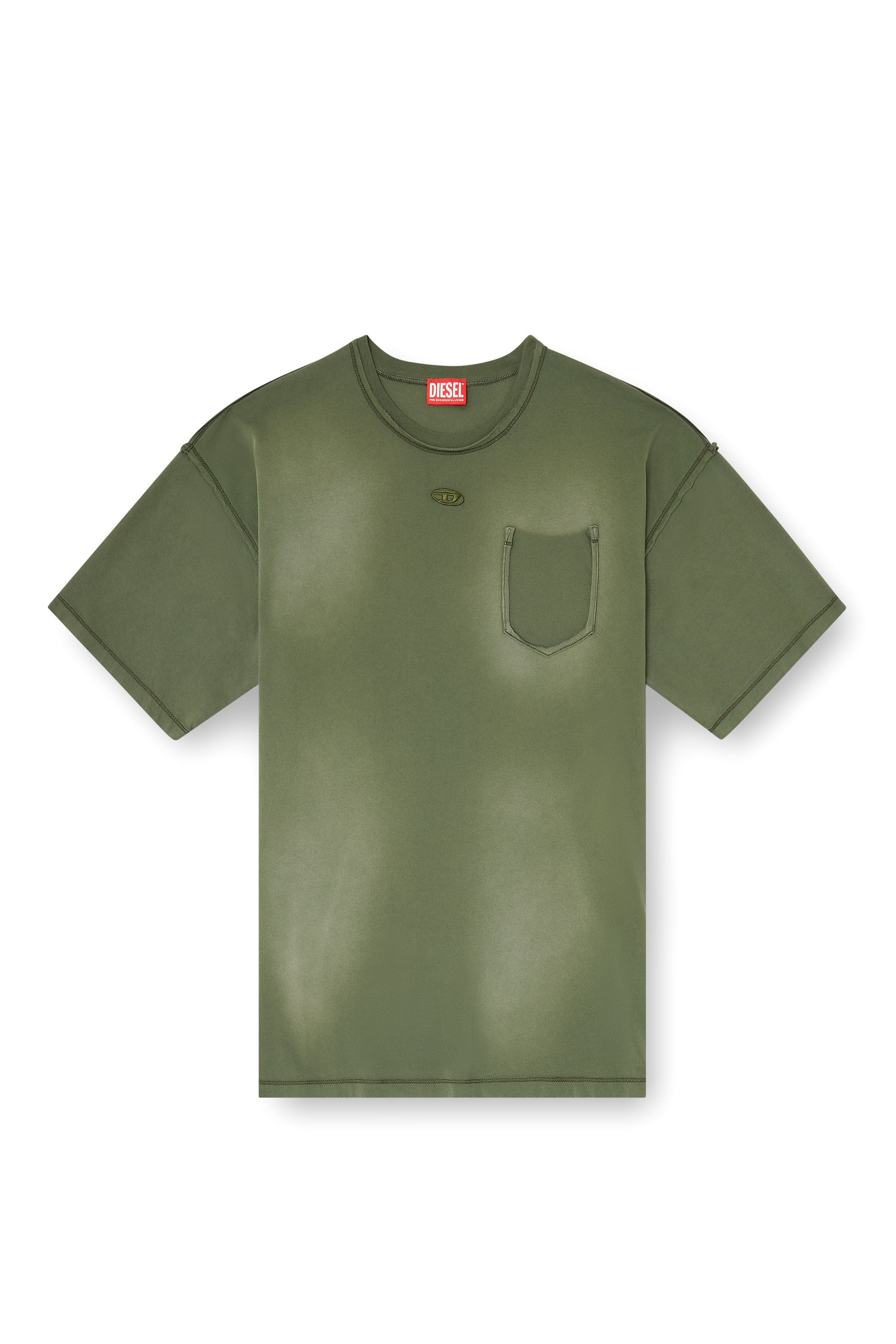 Diesel - T-POCK, Man's Faded T-shirt with ripped pocket detail in Green - 3