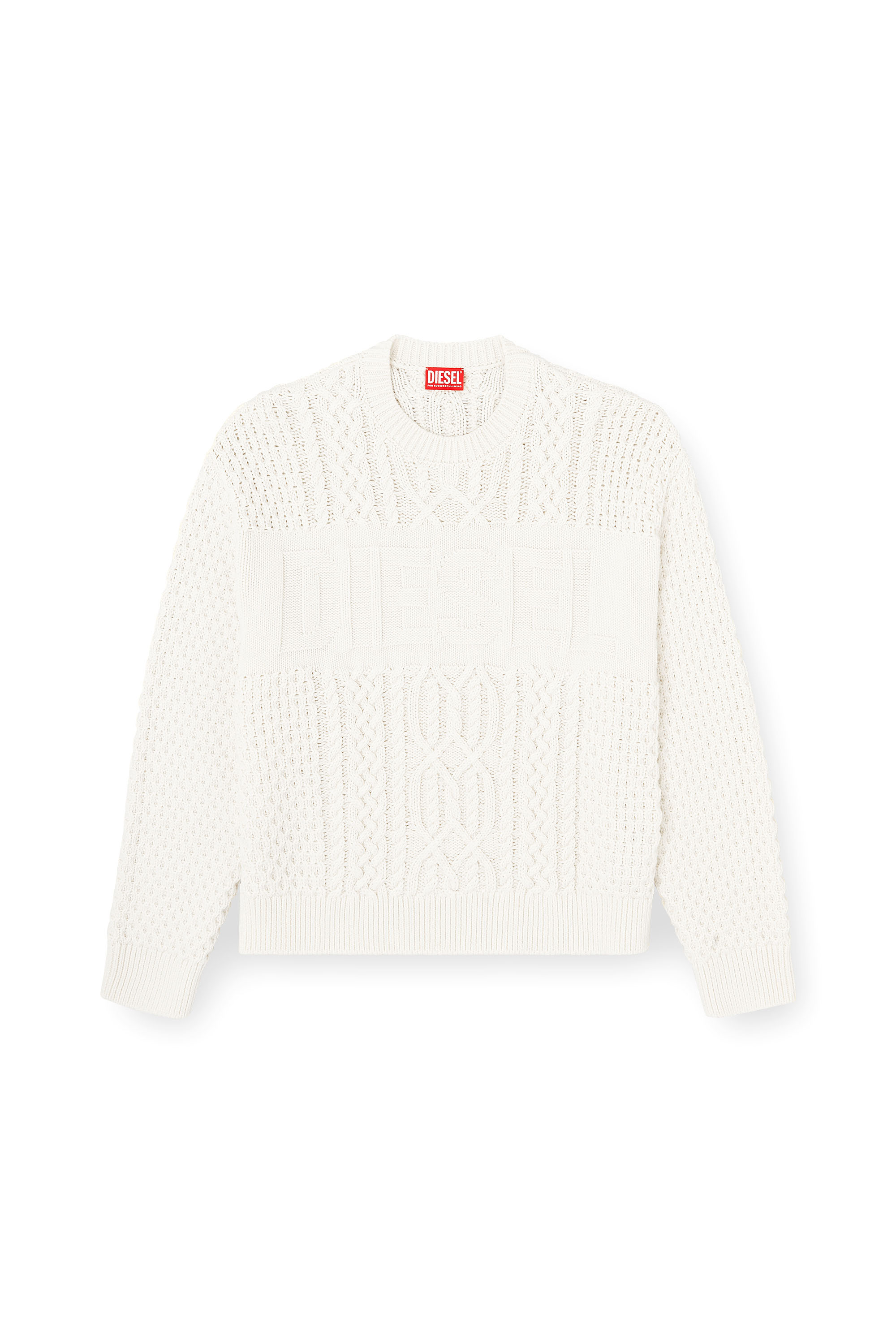 Diesel - K-AUBIN, Man's Cable-knit jumper with Diesel logo in White - 2