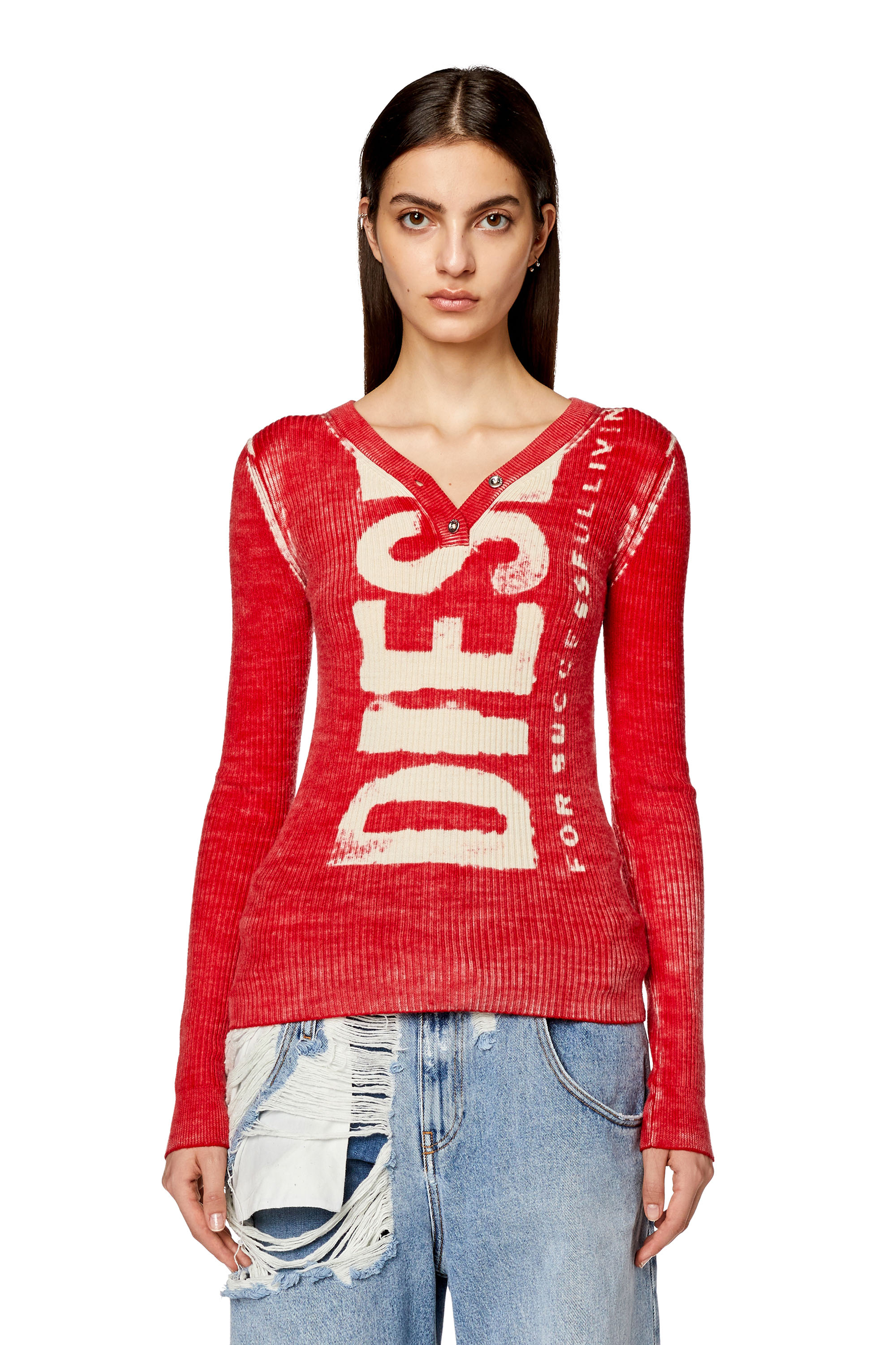 Diesel - M-ARITA, Woman Printed wool jumper with logo in Red - Image 5