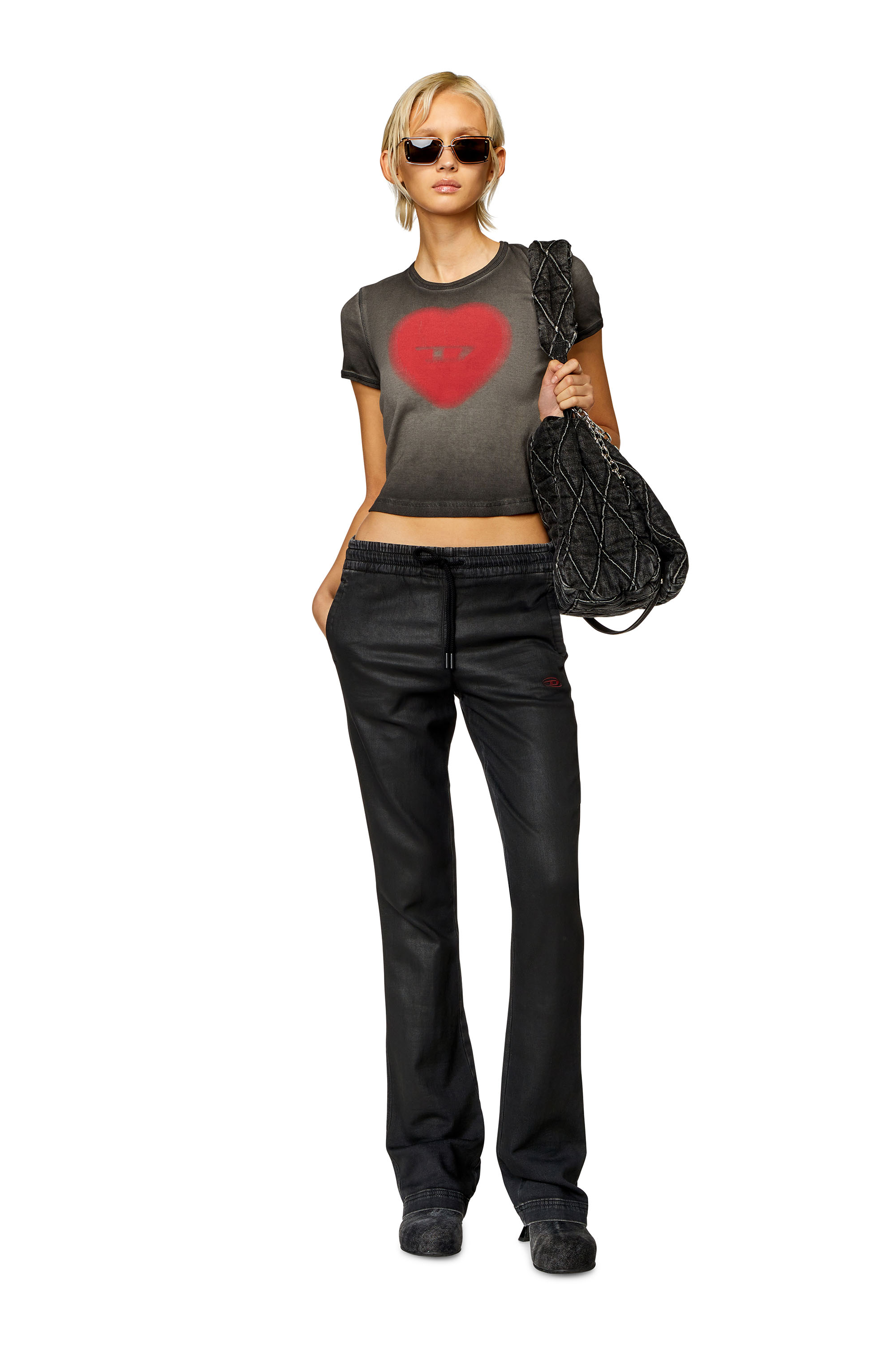 T-ELE, Black Diesel - T-ELE, Woman's Ribbed T-shirt with watercolour heart D in Black - 1