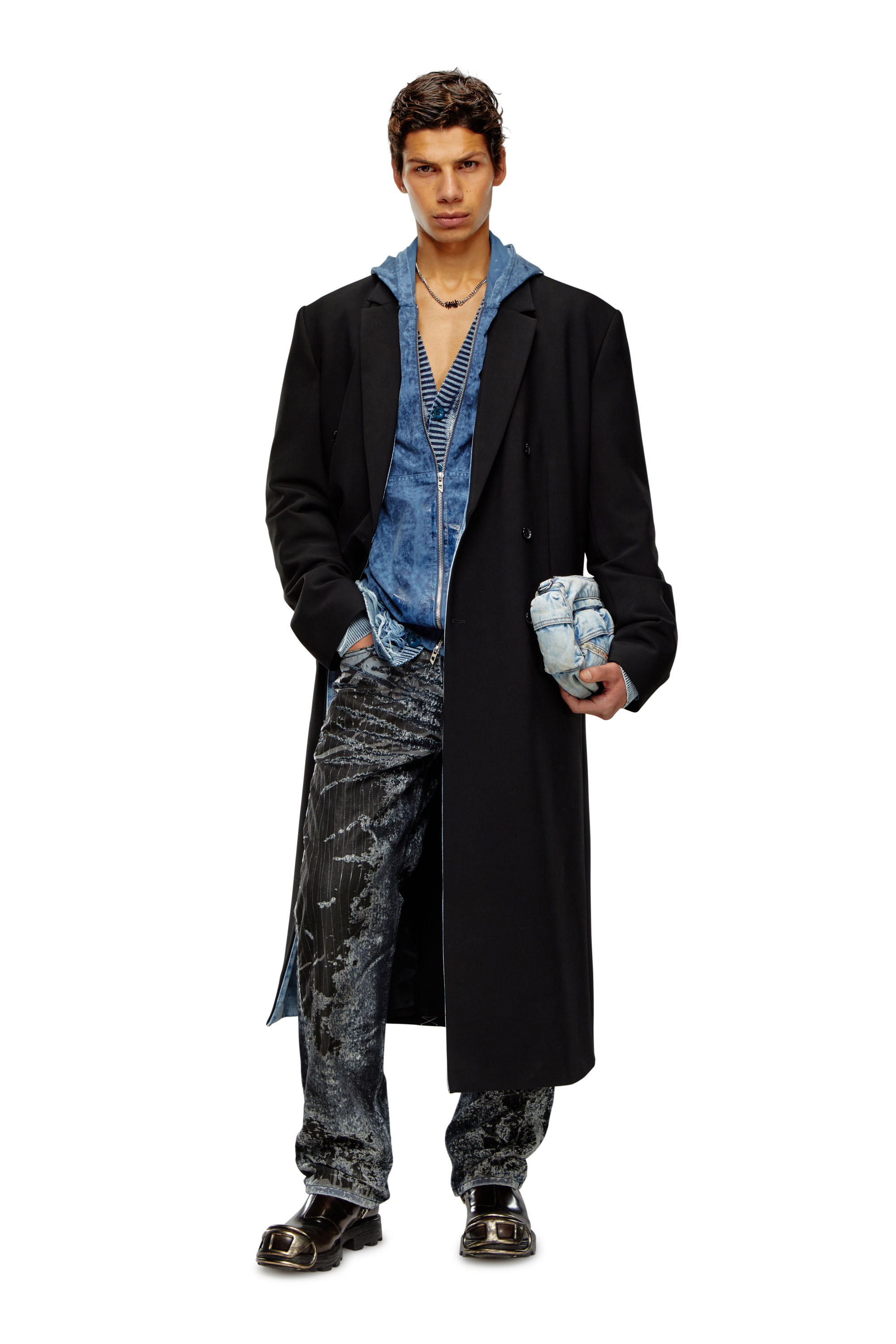 Diesel - J-RITZ, Man Longline cool wool coat in denim detail in Black - Image 1