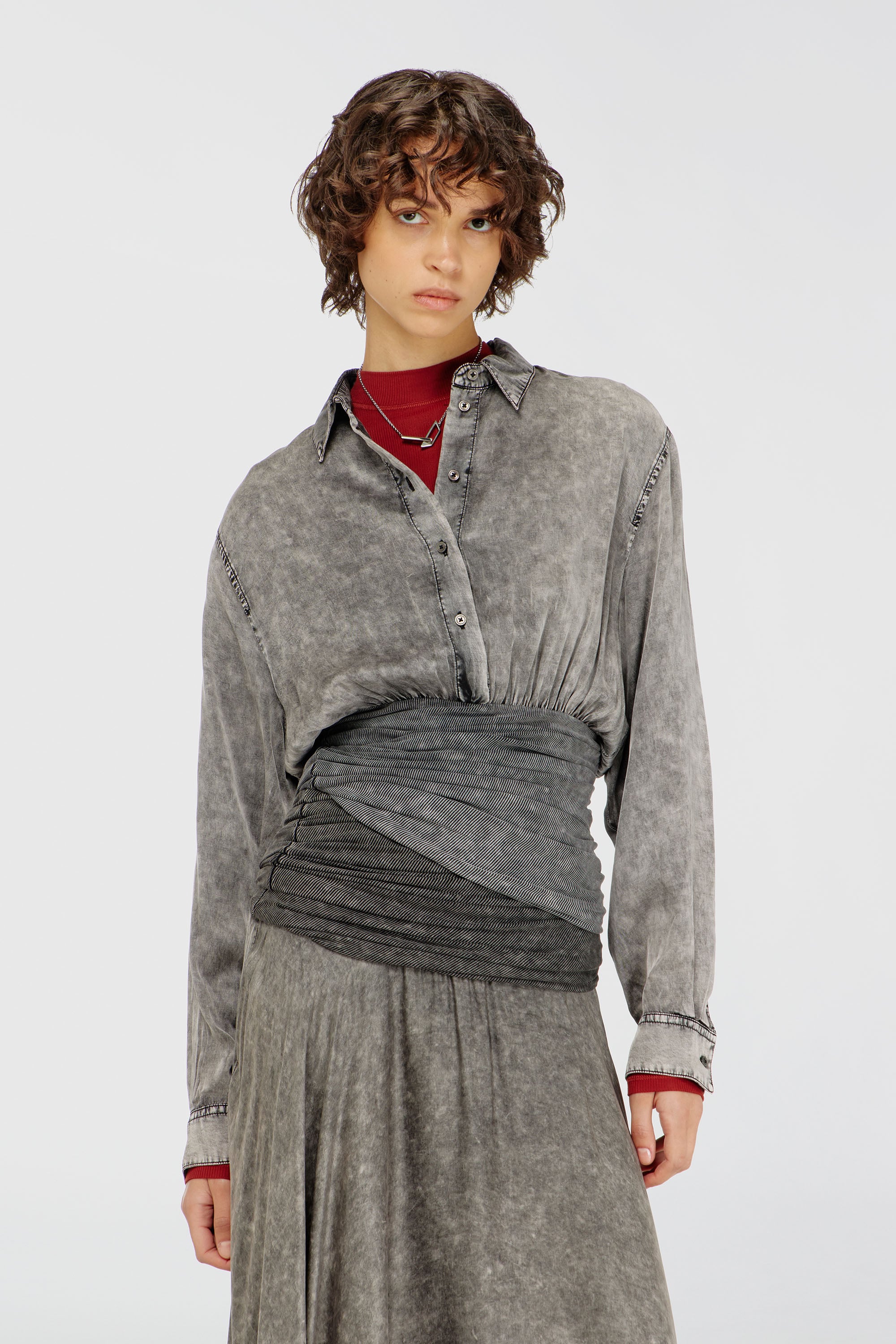 Diesel - C-ASSIA-B1, Woman's Satin shirt with twisted waist section in Dark grey - 2