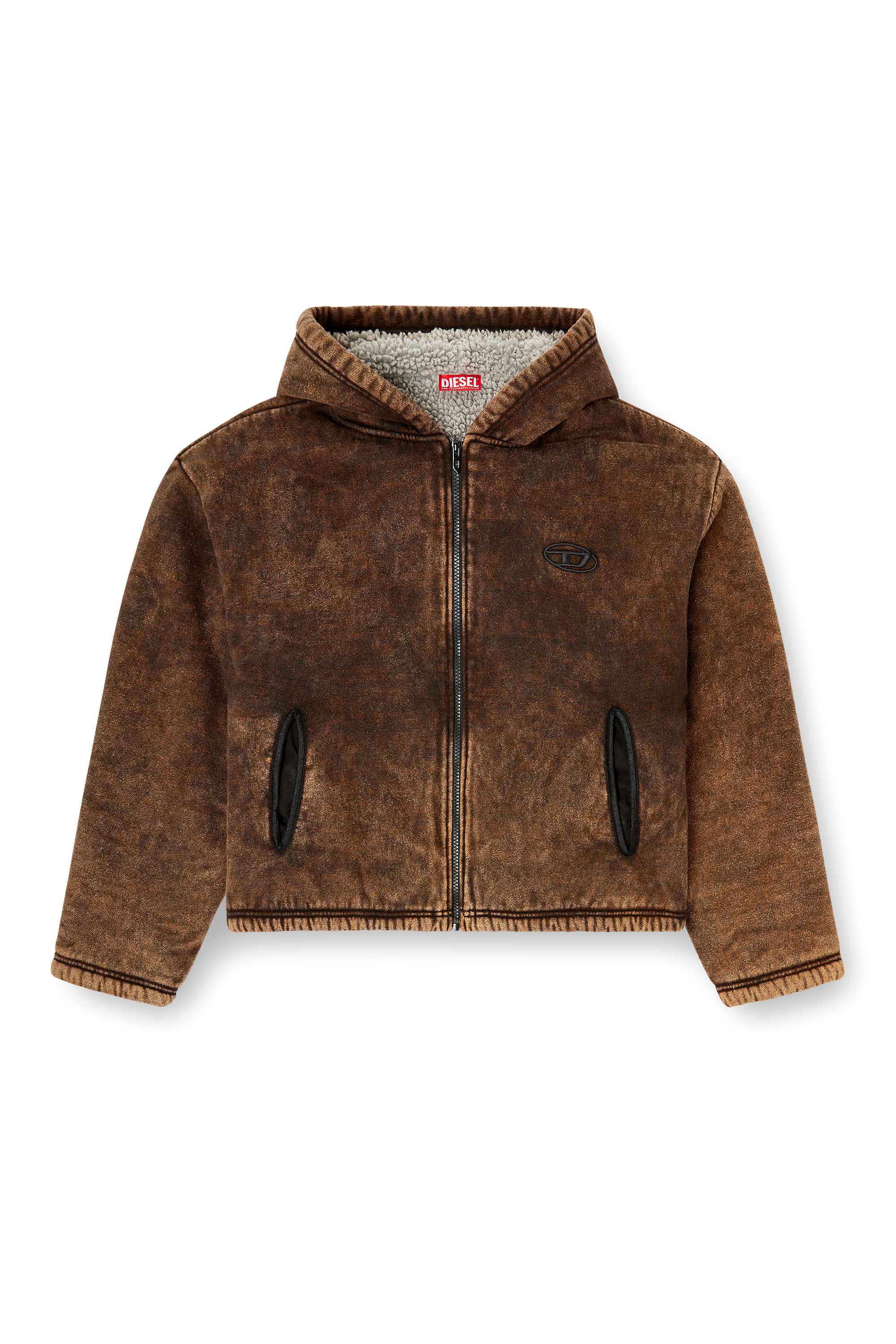 Diesel - F-ELLA, Woman's Acid-wash zip-up hoodie with teddy lining in Brown - 2