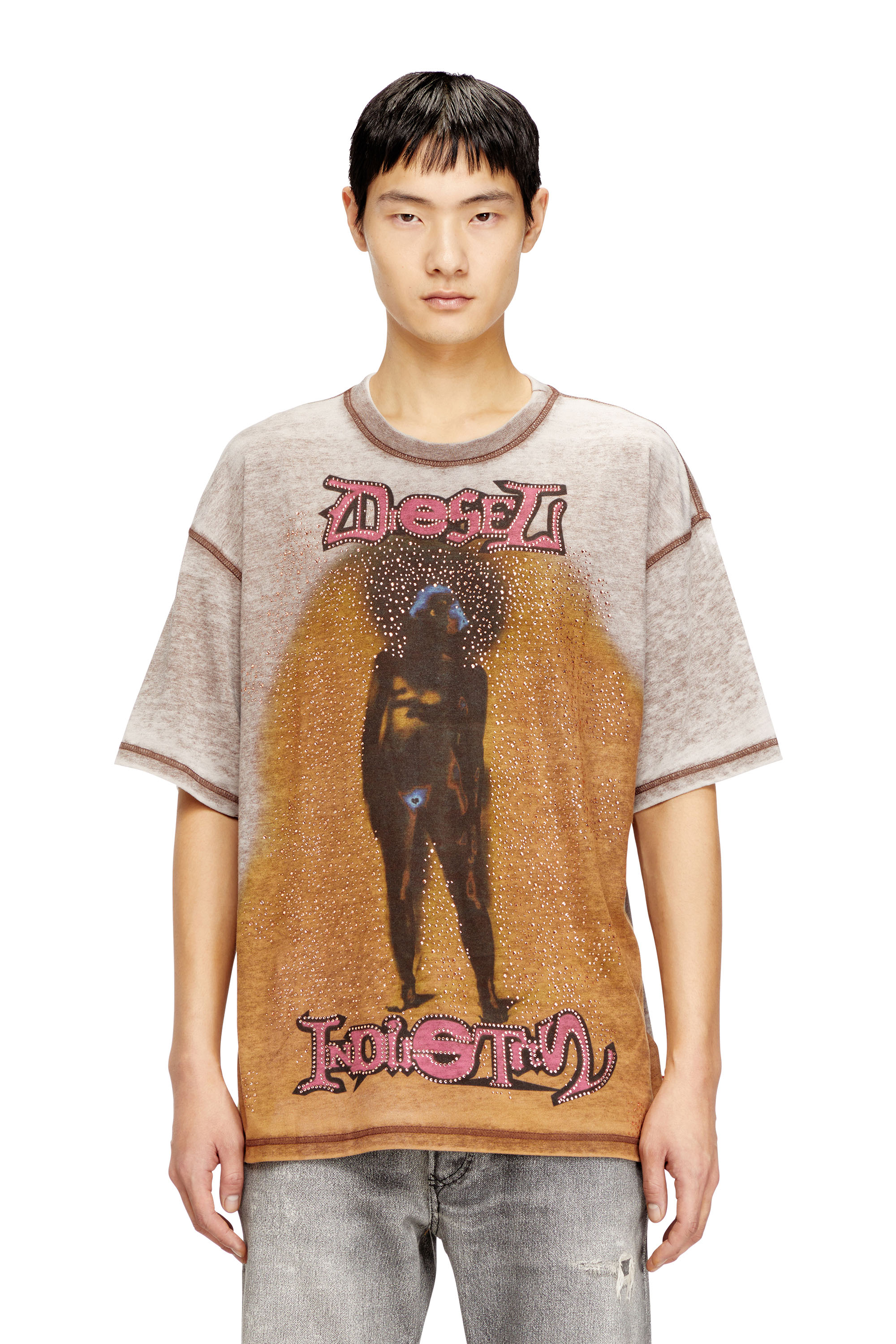 Diesel - T-BOXT-V12, Man's Relaxed T-shirt with print and studs in Light Brown - 1