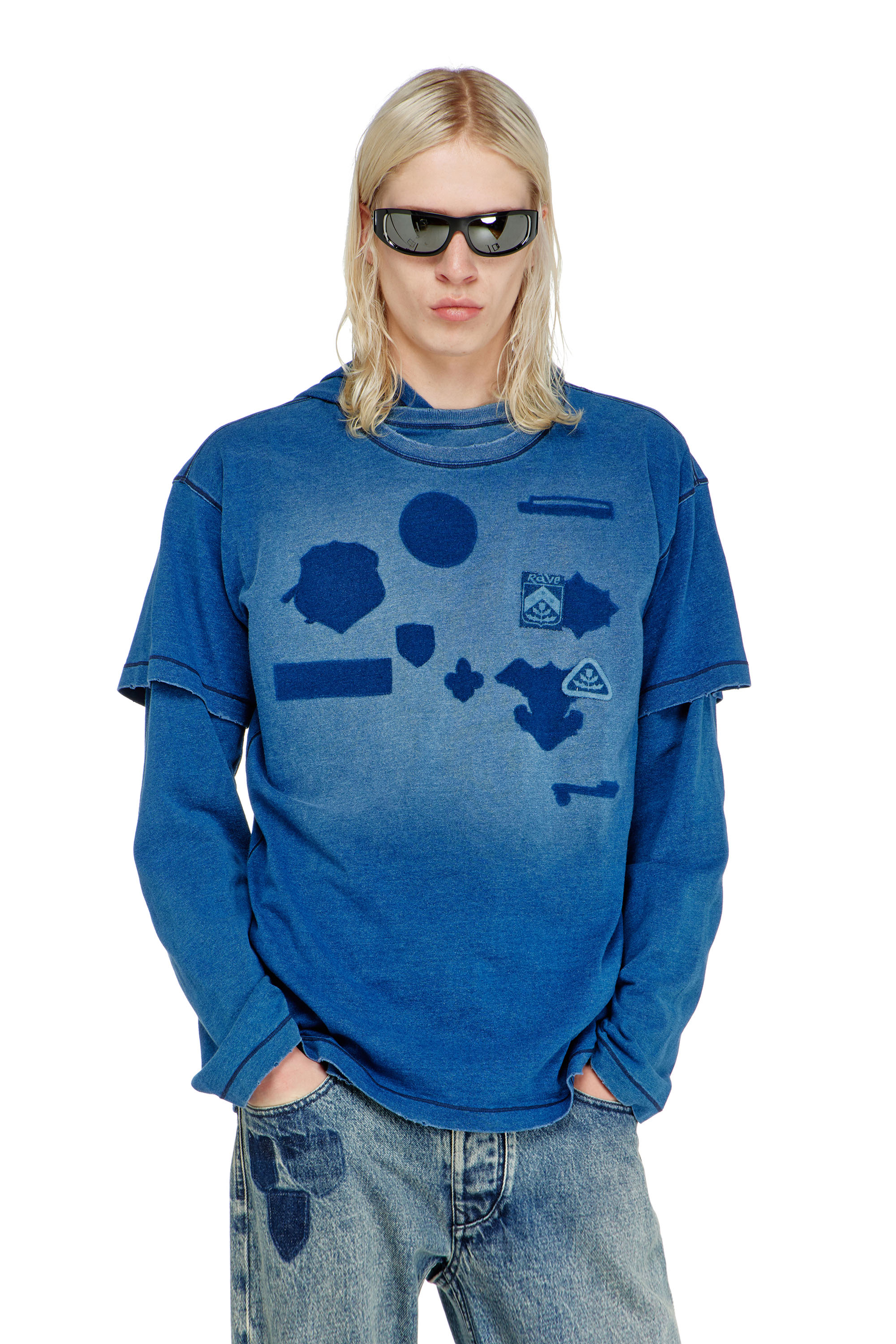 Diesel - T-NOX, Man's T-shirt with shadow-effect patches in Medium blue - 1