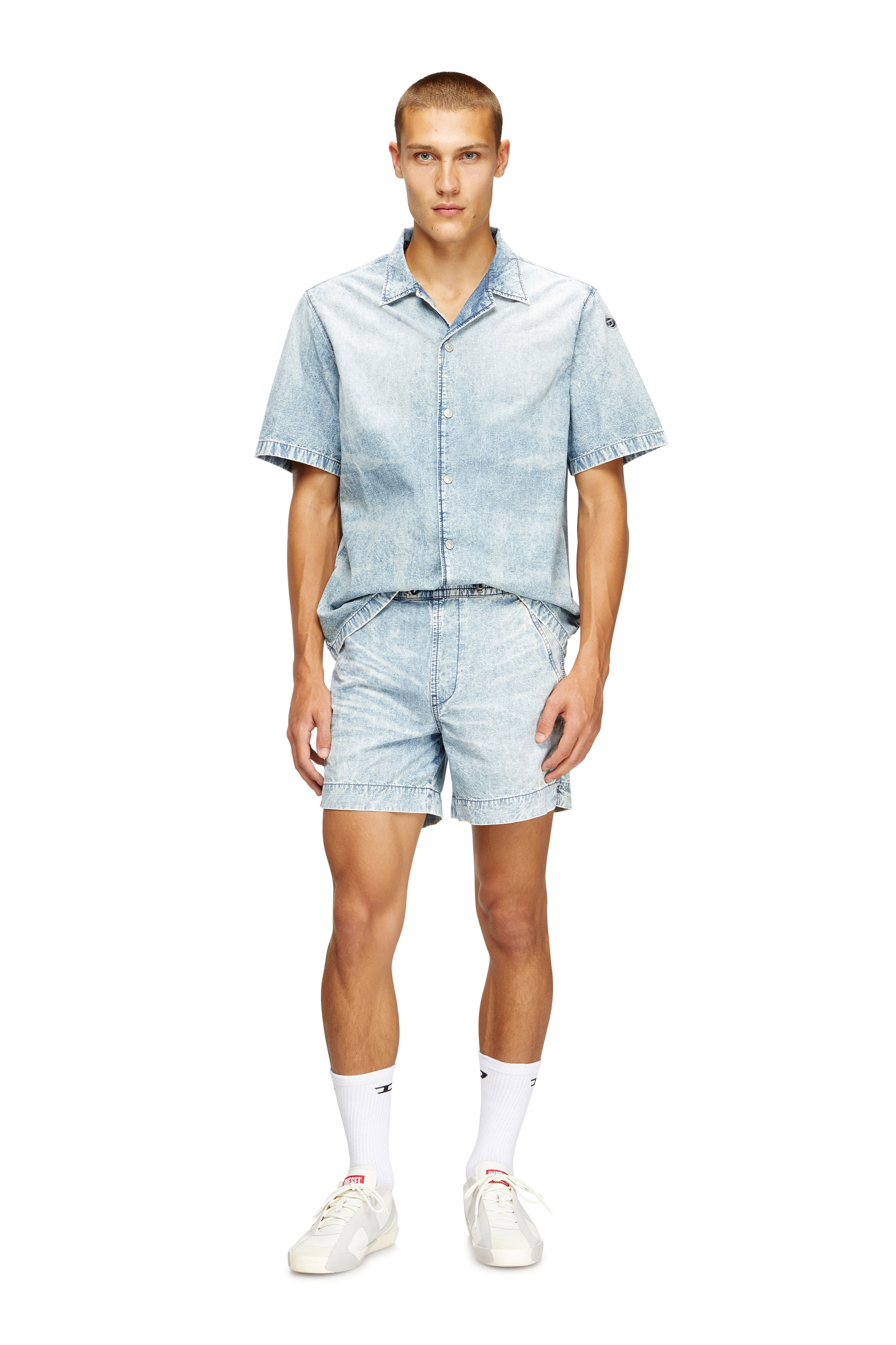 D-NABIL-S4, Light Blue Diesel - D-NABIL-S4, Man's Bowling shirt in marbled denim in Light Blue - 1