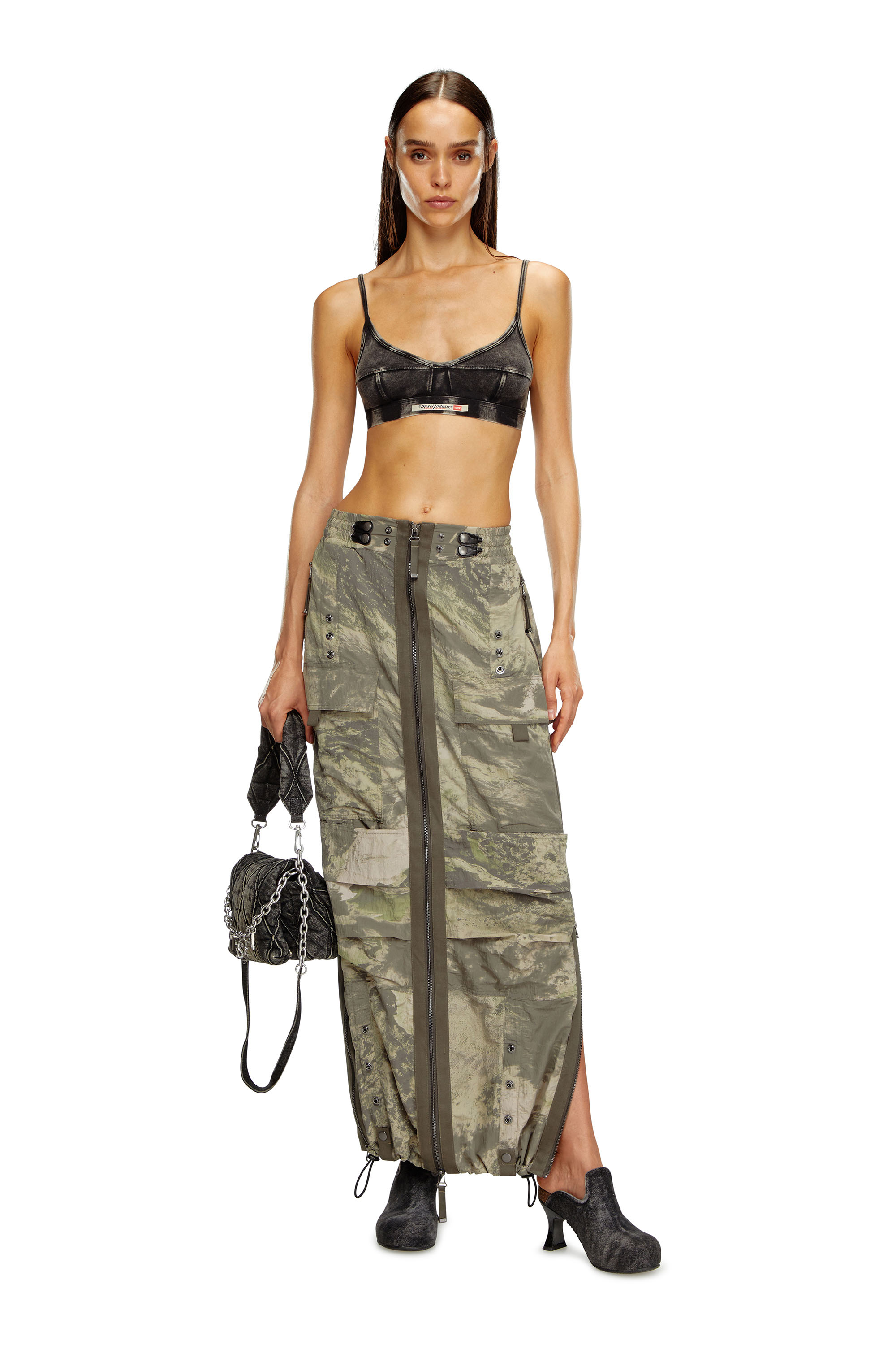 Diesel - O-CREP-N1, Woman's Long skirt with cargo pockets in Military Green - 1