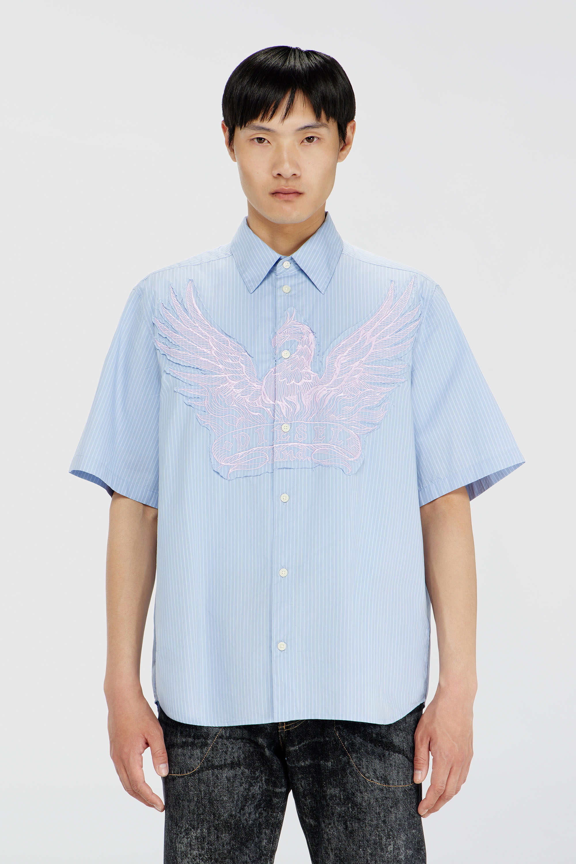 Diesel - S-SIMPLY-SS-AGCZ, Man's Striped poplin shirt with embroidered patch in Light Blue - 1