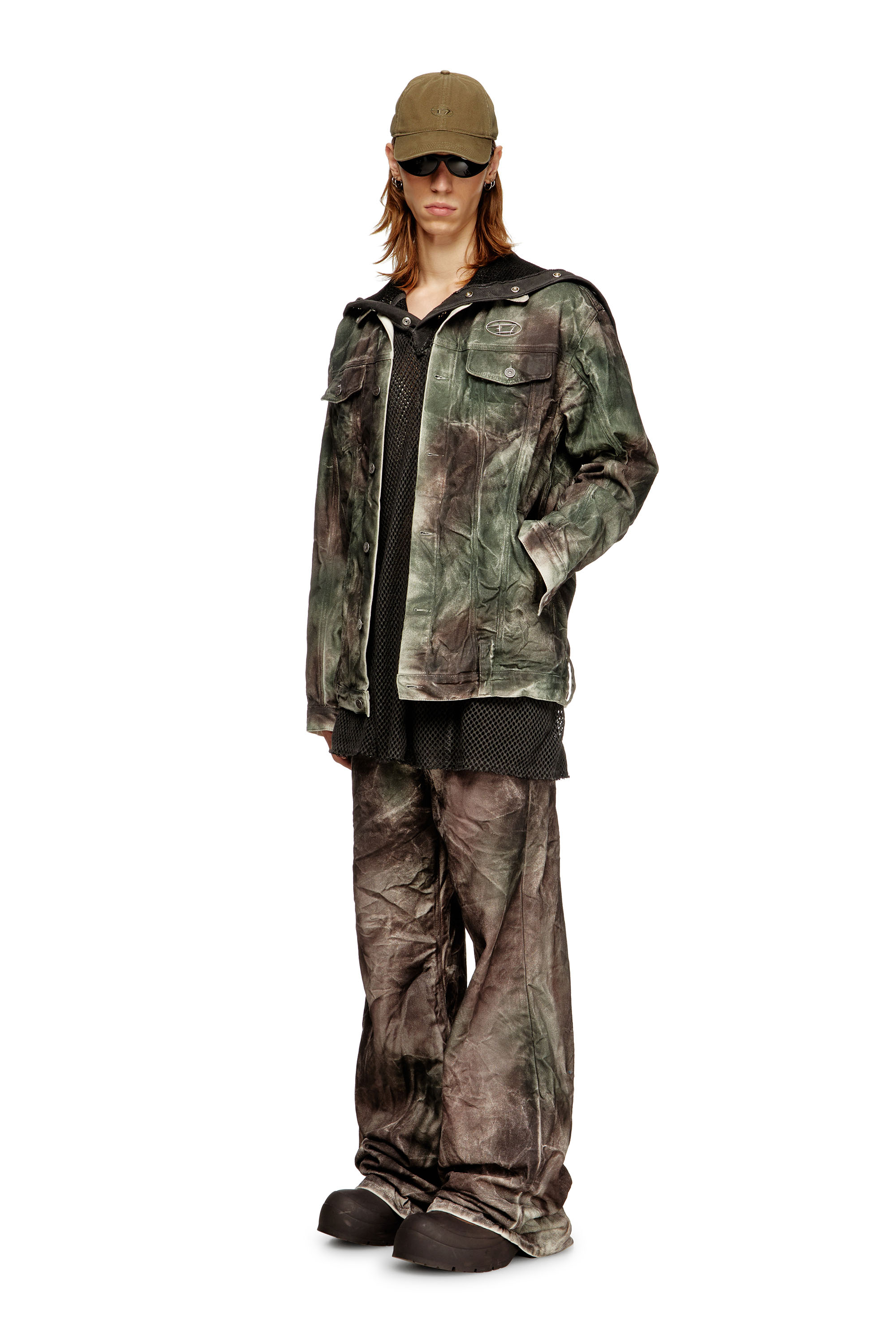 J-THUG-JKT, Brown/Green Diesel - J-THUG-JKT, Unisex's Trucker jacket in crinkled camo canvas in Brown/Green - 1