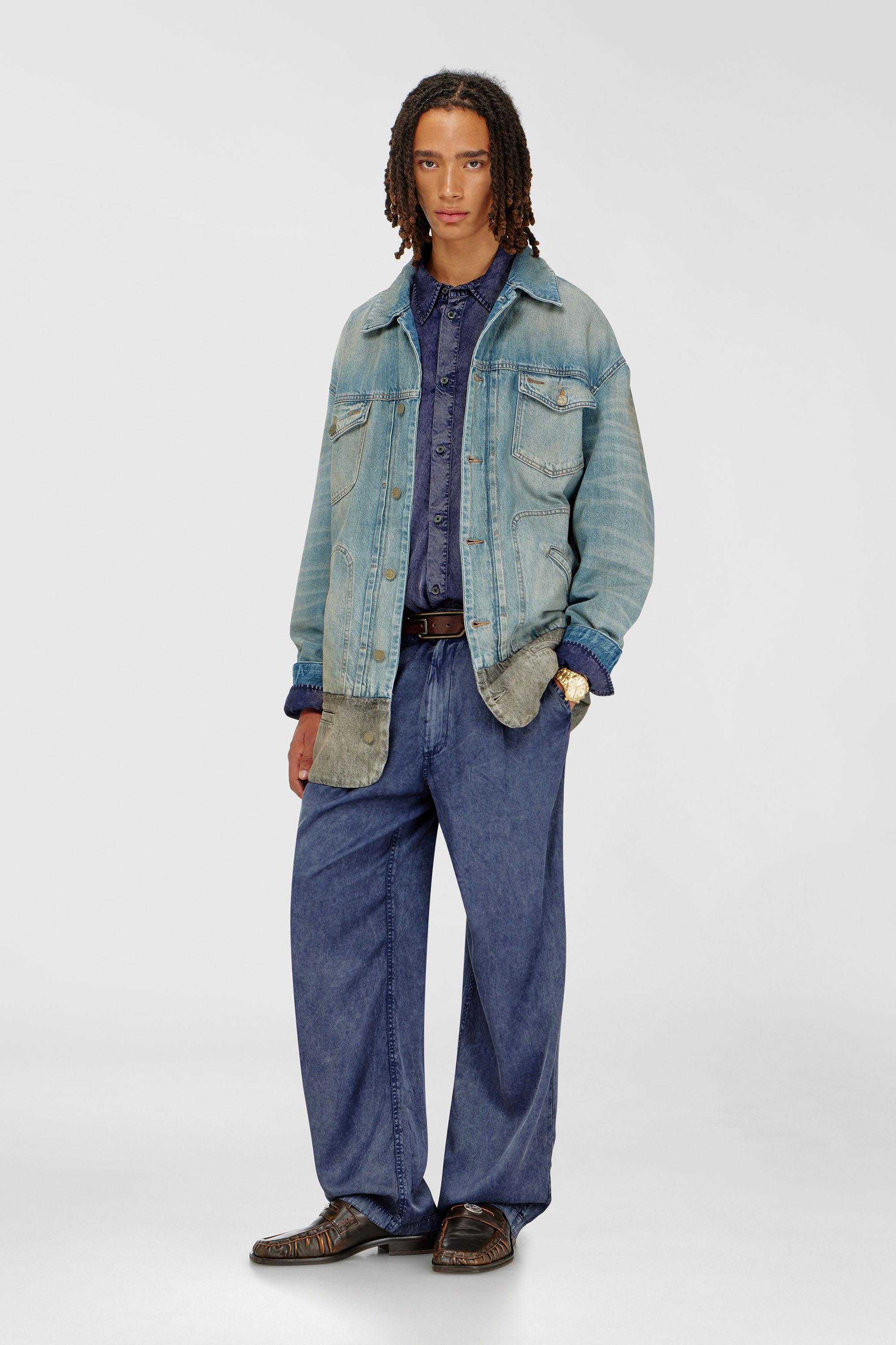 Diesel - P-FAUST-NIBC, Man's Wide-leg pants in denim-effect viscose in Medium blue - 1