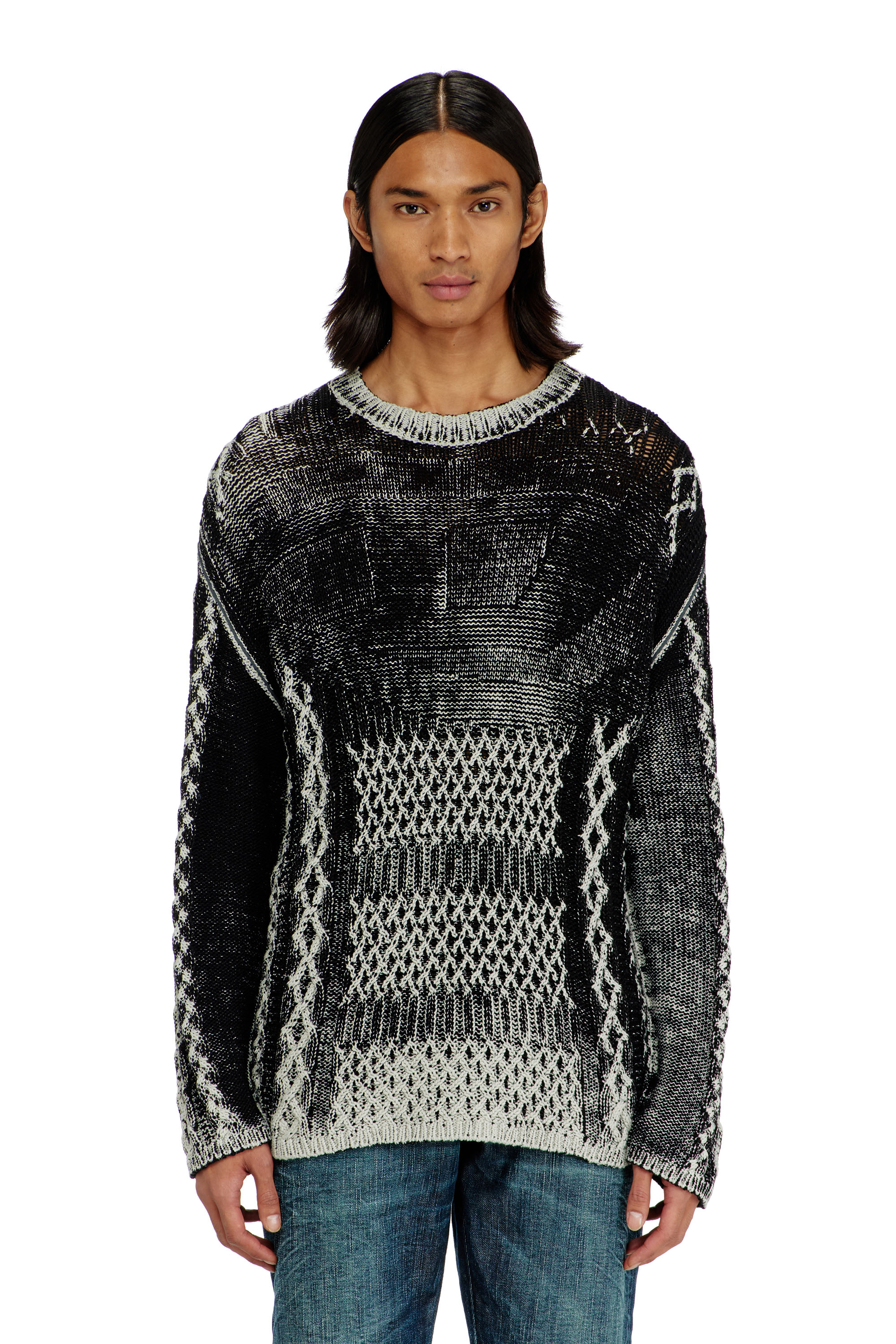 Diesel - K-MIONE, Man's Treated cable-knit jumper in Grey/Black - 1