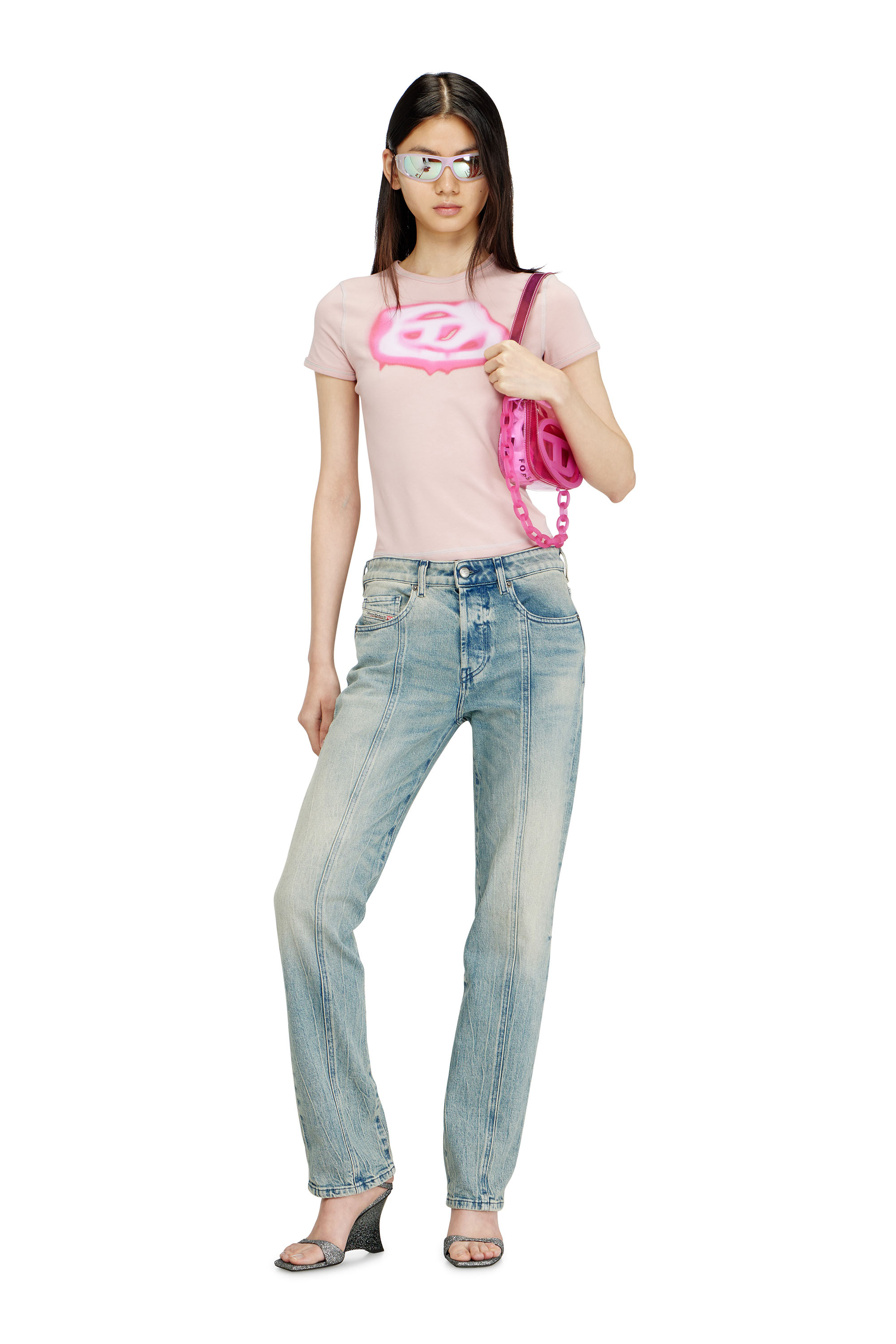 Diesel - T-UNCUTIES-LONG-S3, Woman's Slim T-shirt with graffiti-effect logo in Pink - 1