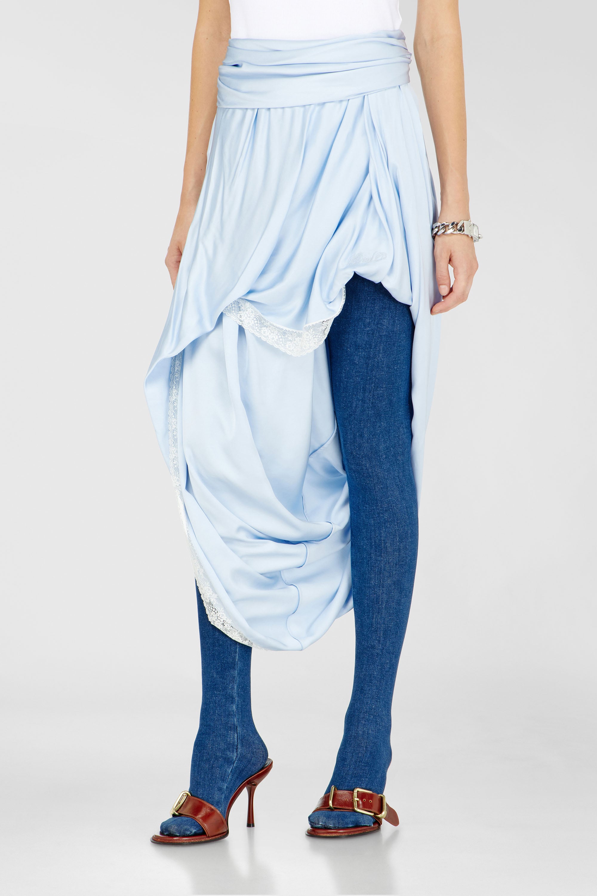 Diesel - O-WANDA, Woman's Draped satin midi skirt with lace trim in Light Blue - 1