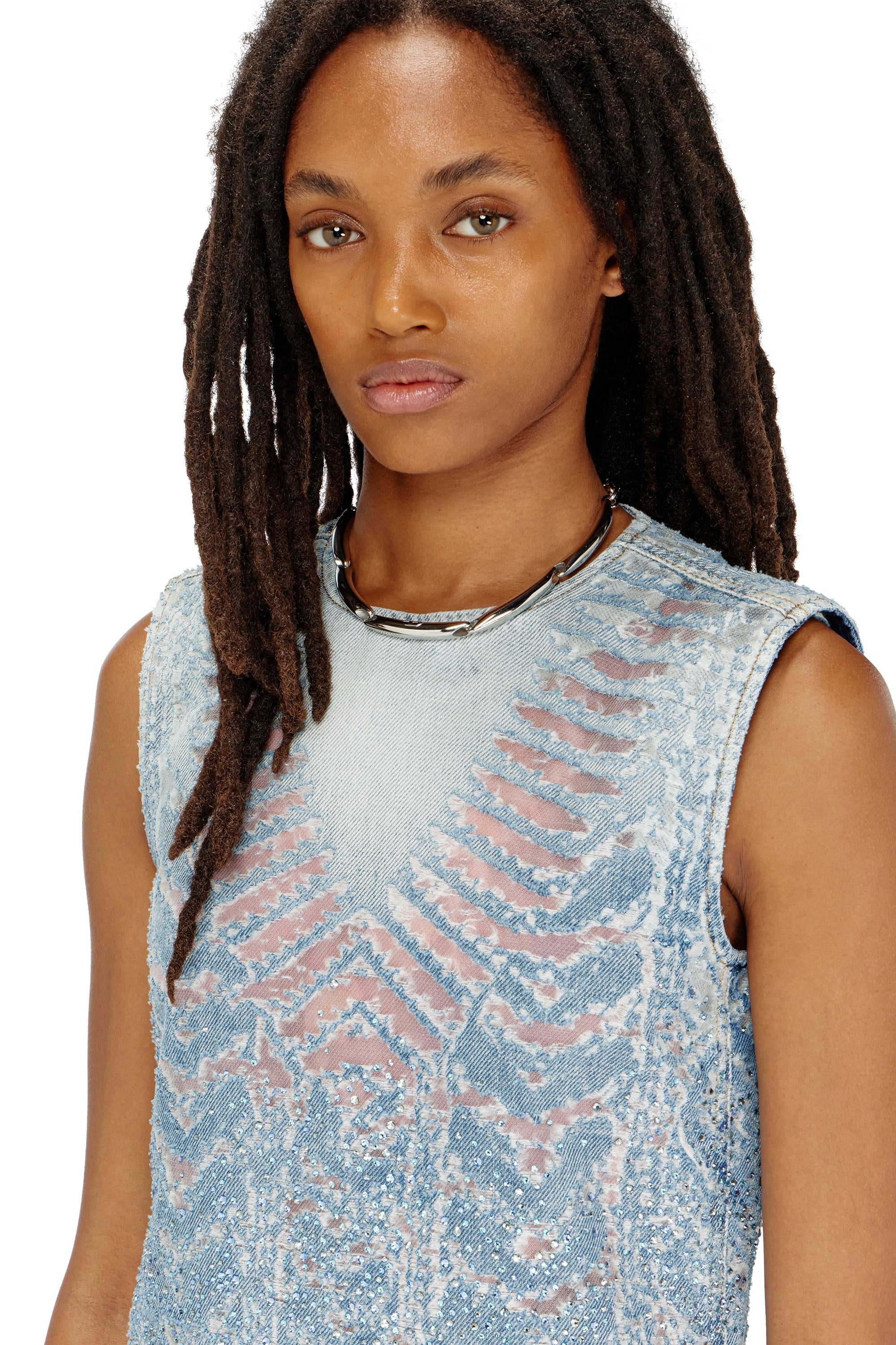 Diesel - DE-MYRELA-S, Woman's Mini dress in microstone devor&eacute; denim in Light Blue - 4