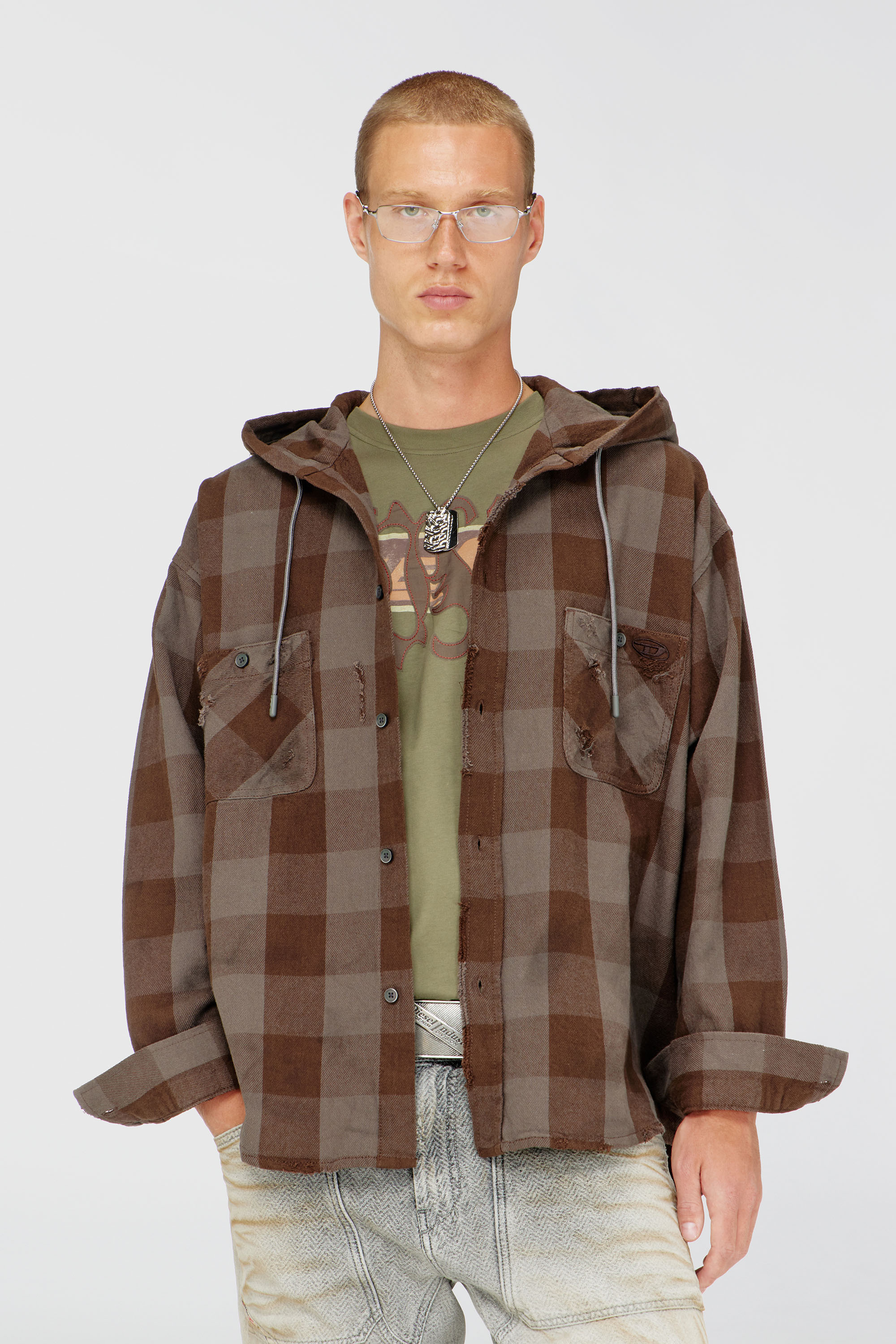 Diesel - S-DRUM-HOODY, Man's Distressed hooded shirt in check flannel in Brown - 1