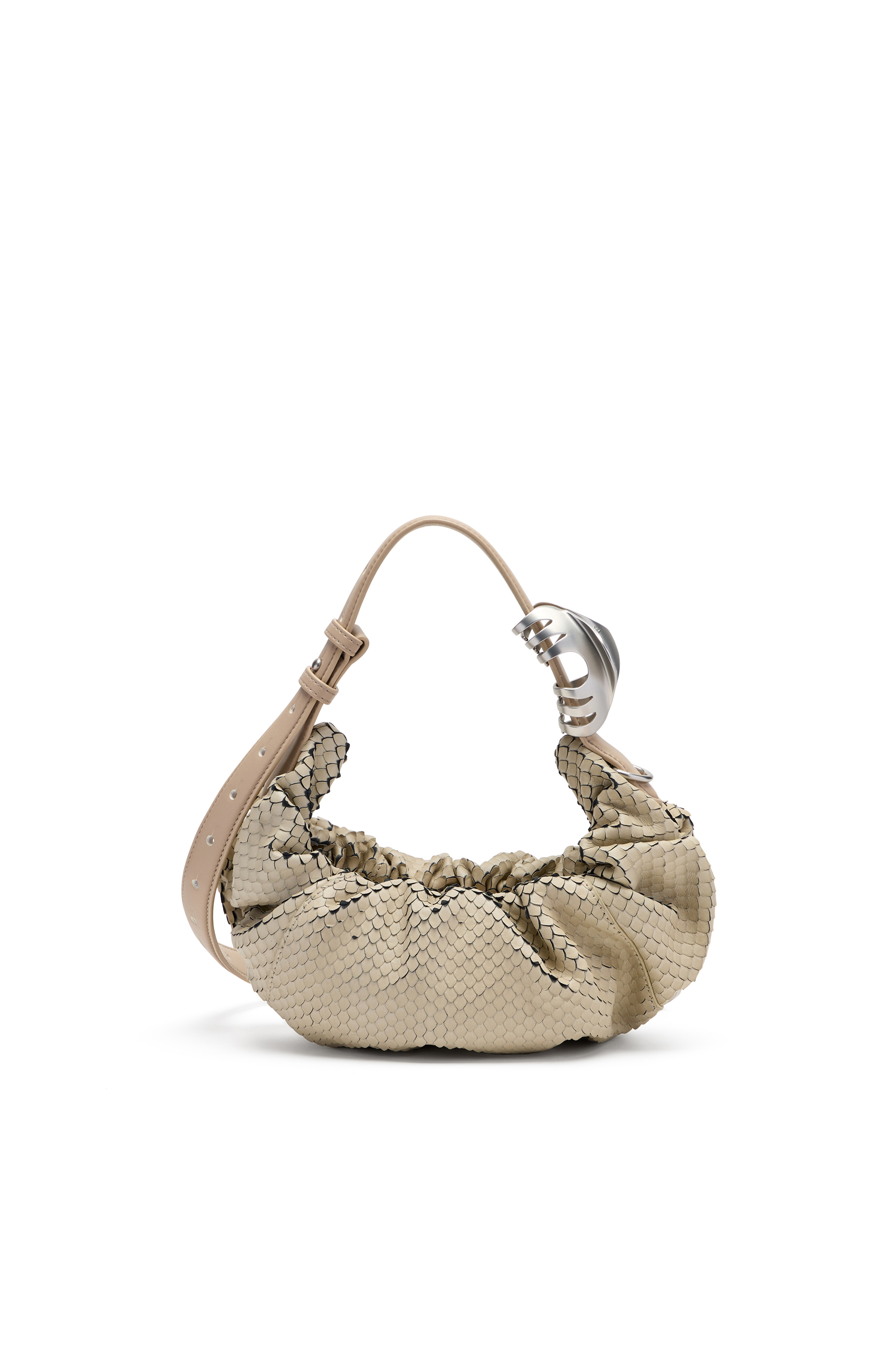 Diesel - GRAB-D HOBO S, Woman's Grab-D-Scrunched hobo bag in textured leather in Beige - 3