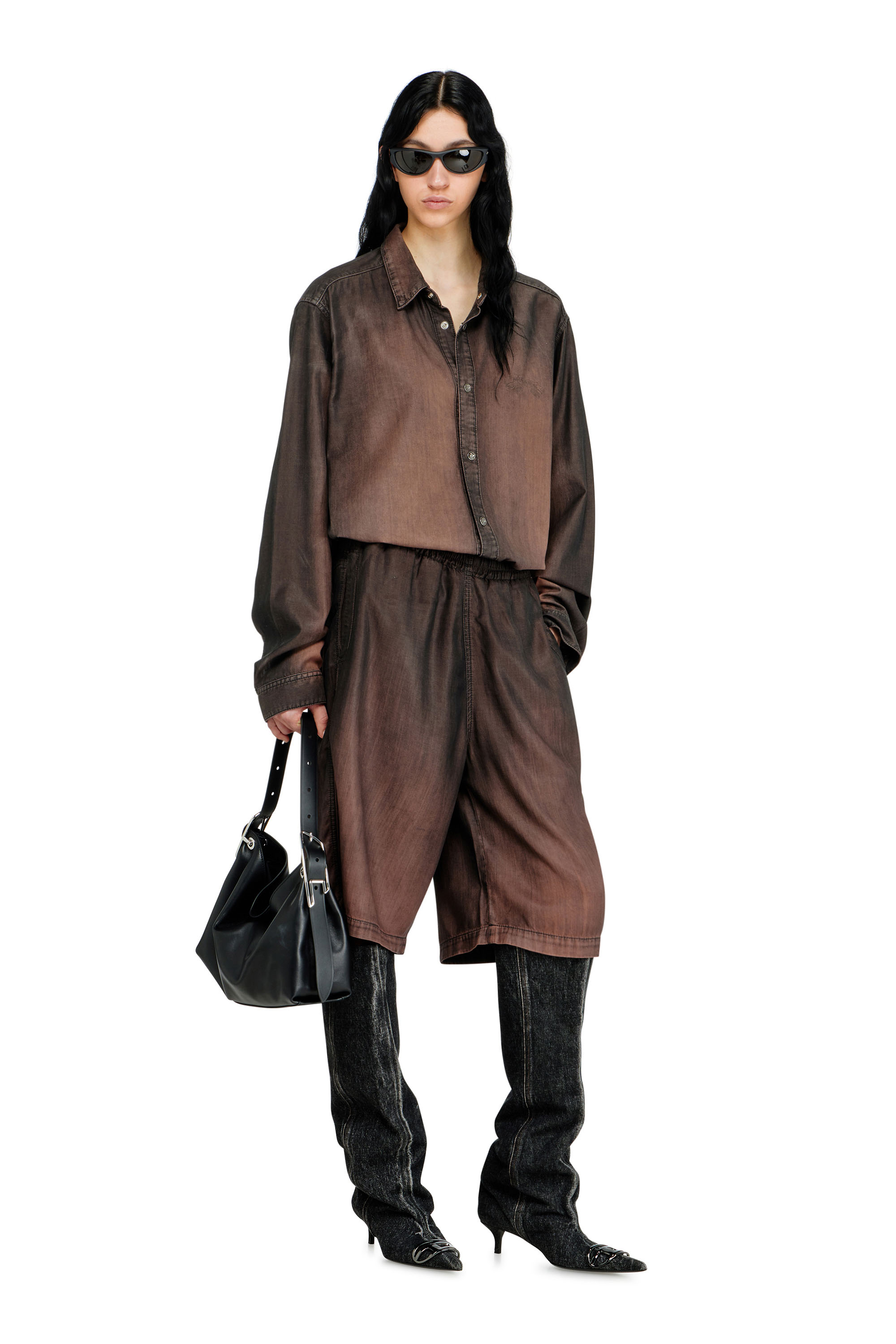 Diesel - D-RODER-SHORT-S, Unisex's Relaxed bermuda shorts in fluid coated denim in Brown - 6