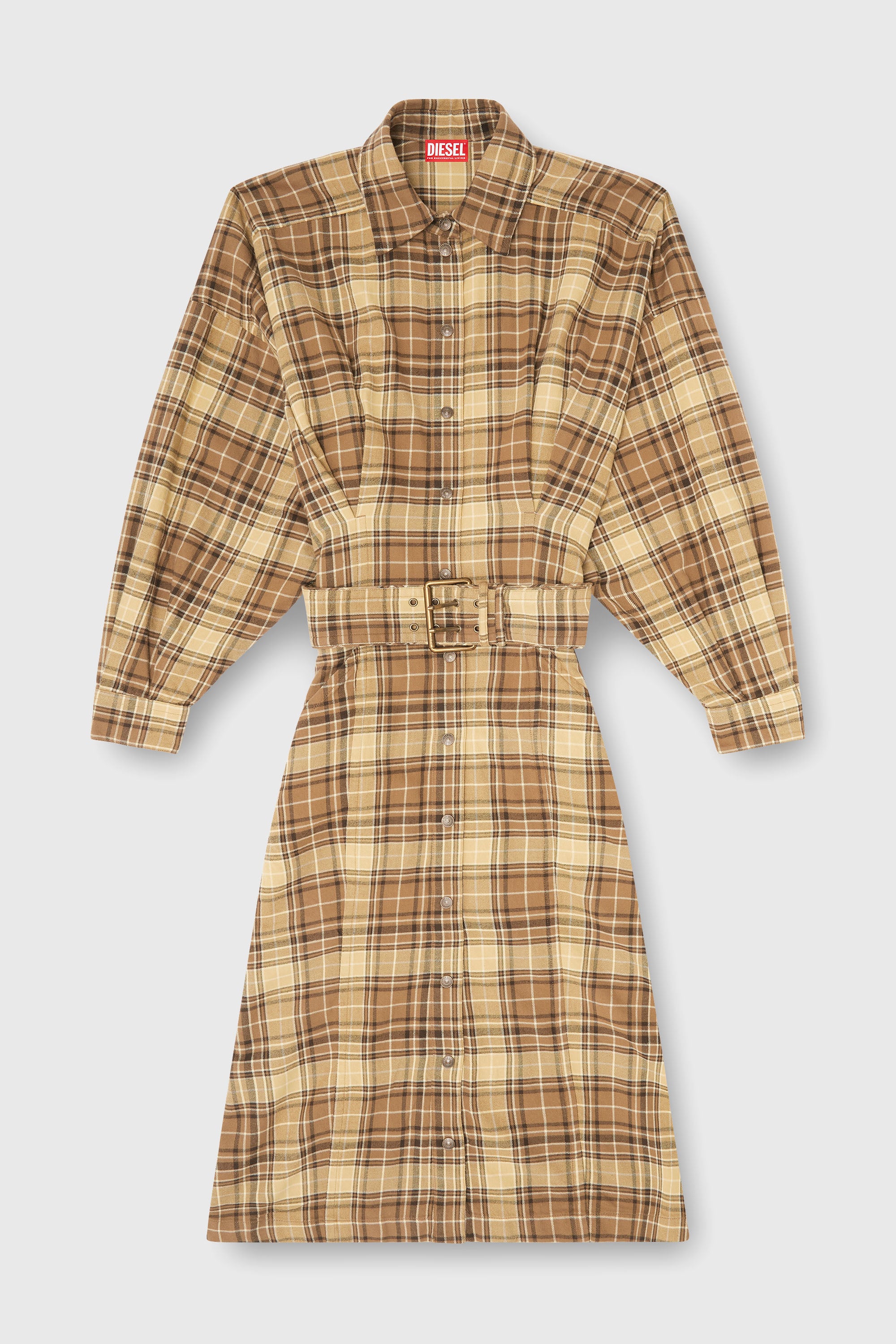 Diesel - D-EDALUS, Woman's Midi dress in check flannel with wide belt in Brown/Yellow - 1