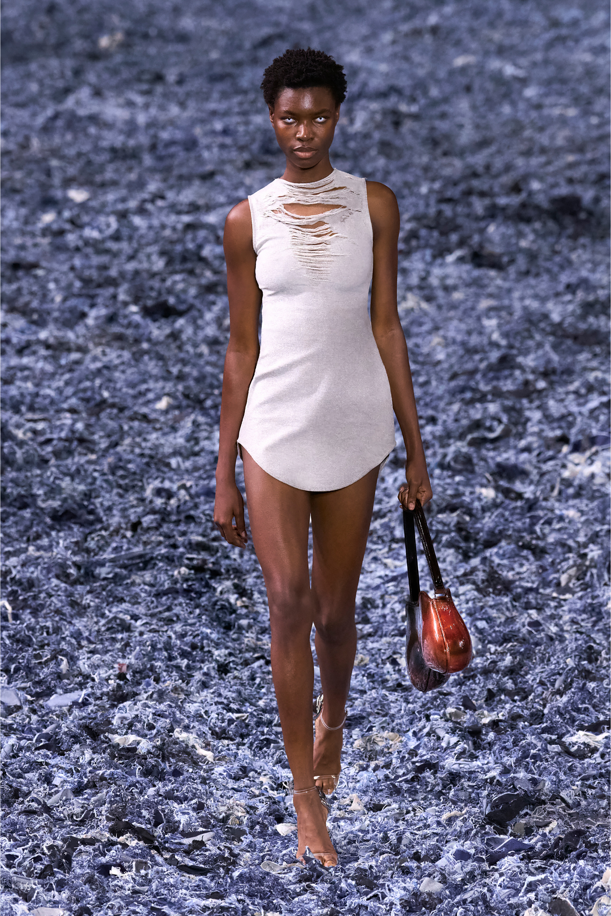 D-YASMI, Light Grey Diesel - D-YASMI, Woman's Mini dress with distressed fringed neckline in Light Grey - 6