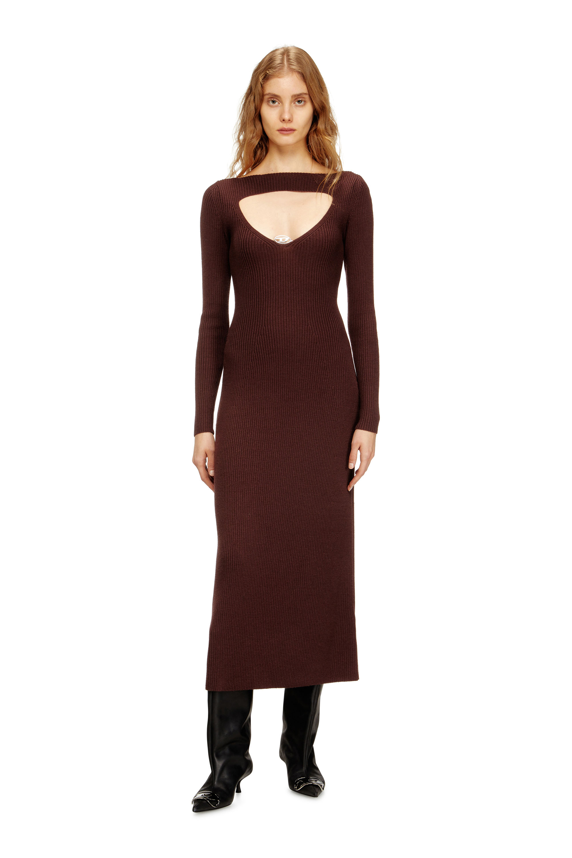Diesel - M-OLONI, Woman's Midi wool dress with inlay in Burgundy - 3