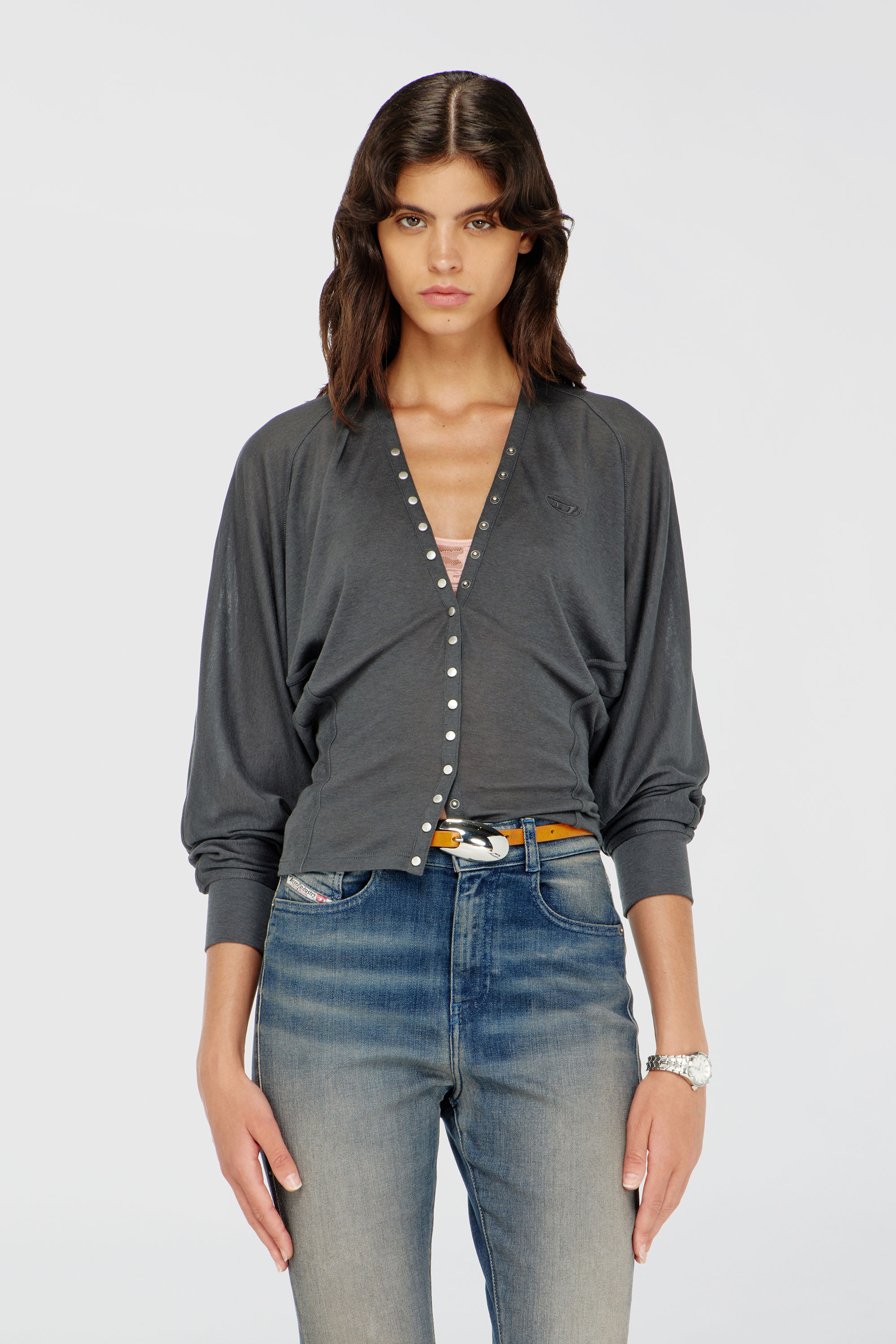 Diesel - T-ISERINA, Woman's Tencel-blend cardigan top with batwing sleeves in Grey - 3