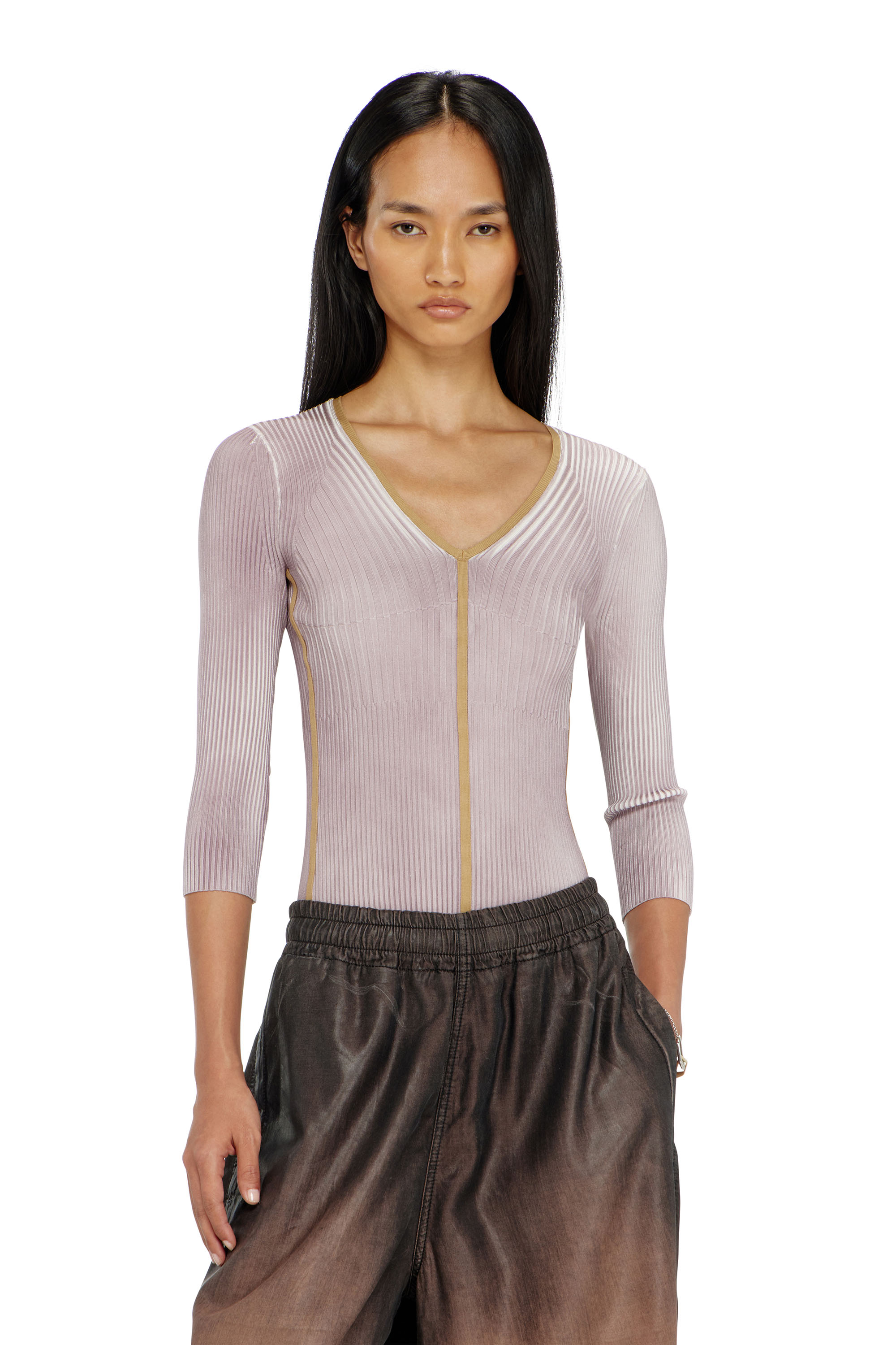 Diesel - M-SARMANI, Woman's Ribbed V-neck jumper with contrast bands in Lilac - 1