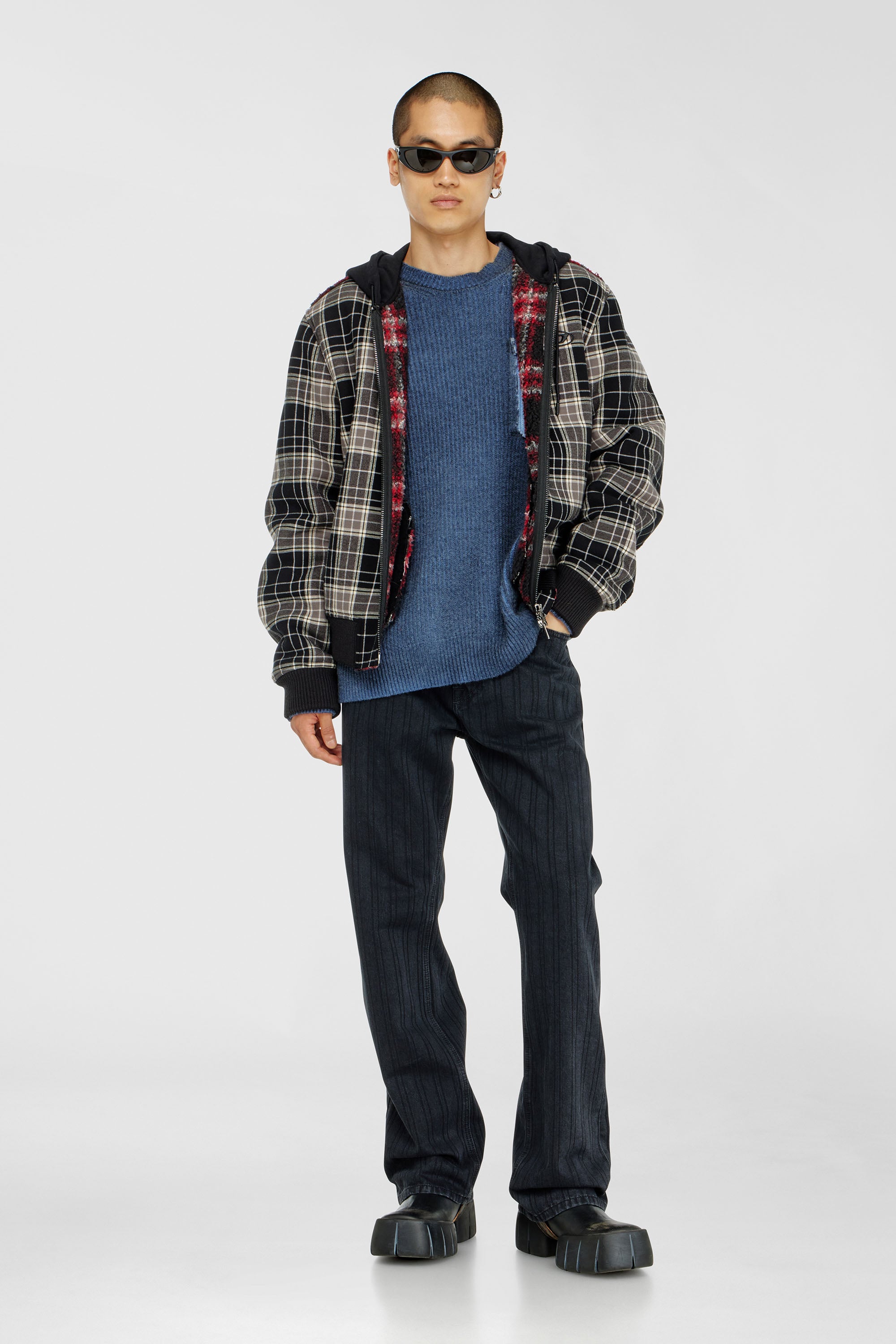 Check-flannel bomber jacket with teddy interior