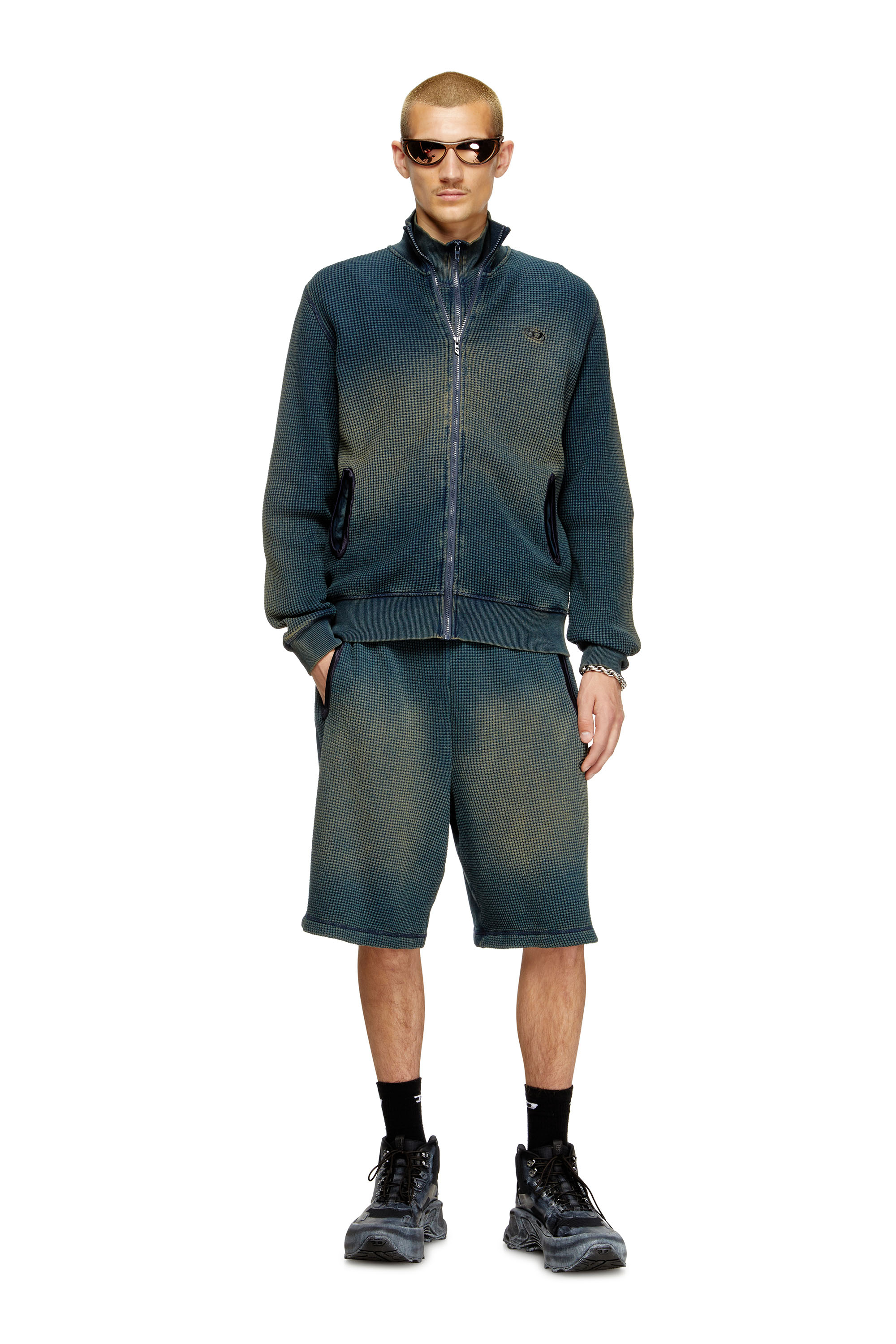 Diesel - S-WAFY-ZIP, Man's Waffle and jersey zip-up sweatshirt in Dark Blue - 3