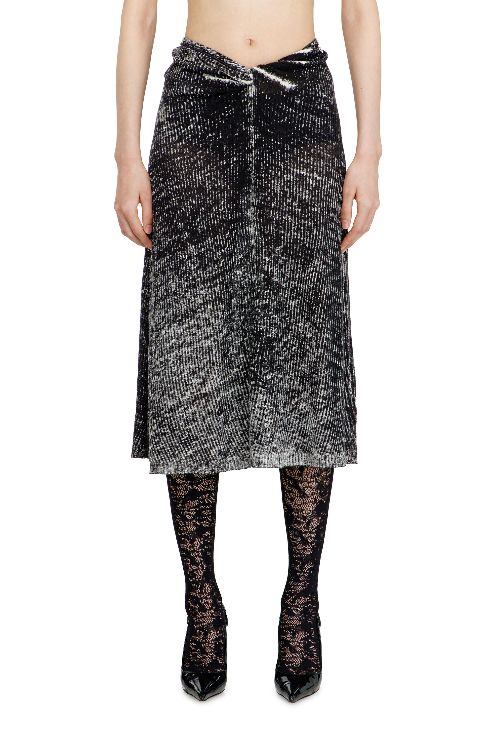 Diesel - M-LIVETTE, Woman's Midi skirt in reverse-print linen knit in Black - 1