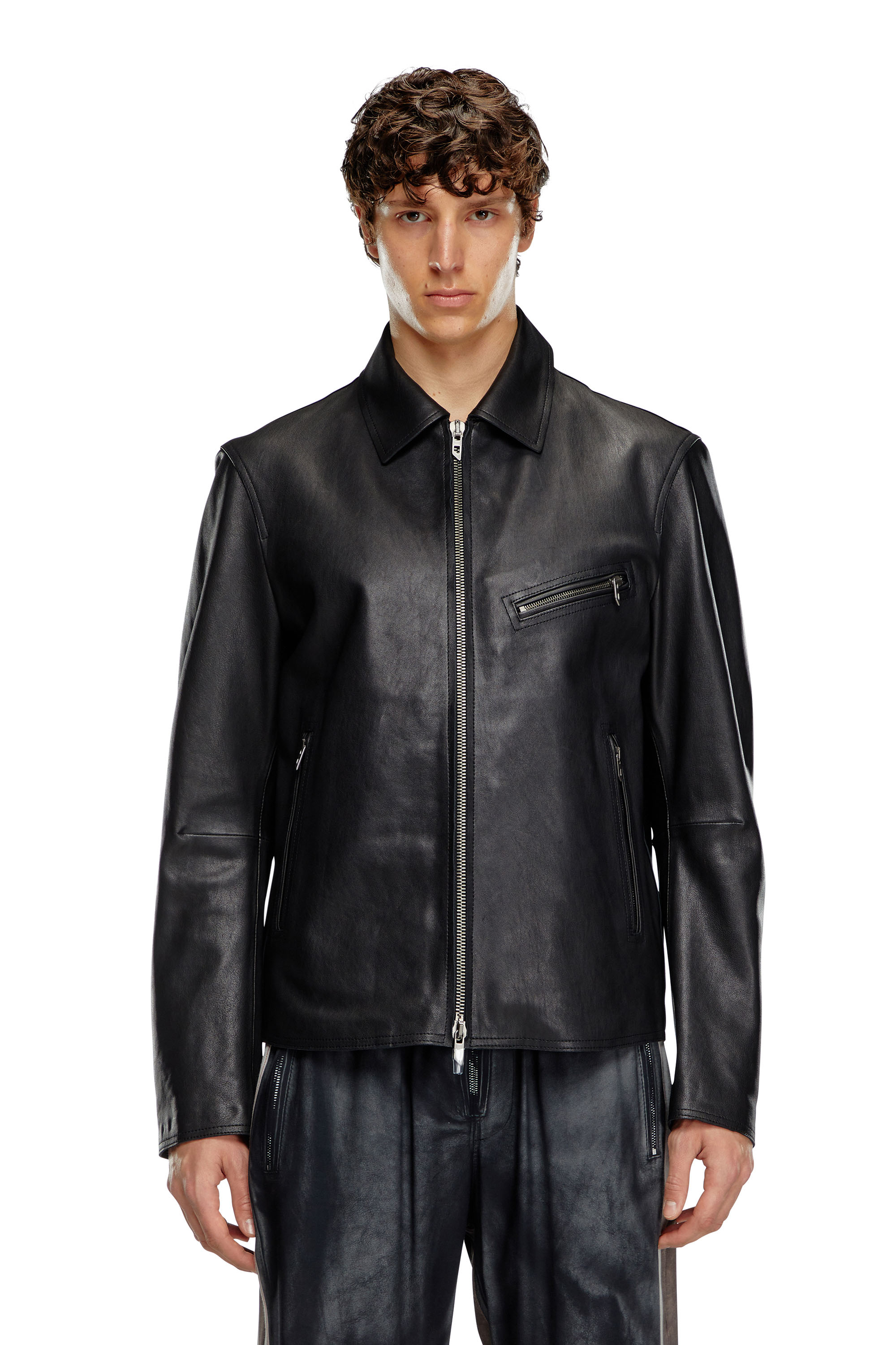 L-KORN-A, Black Diesel - L-KORN-A, Man's Leather jacket with embossed Oval D in Black - 3