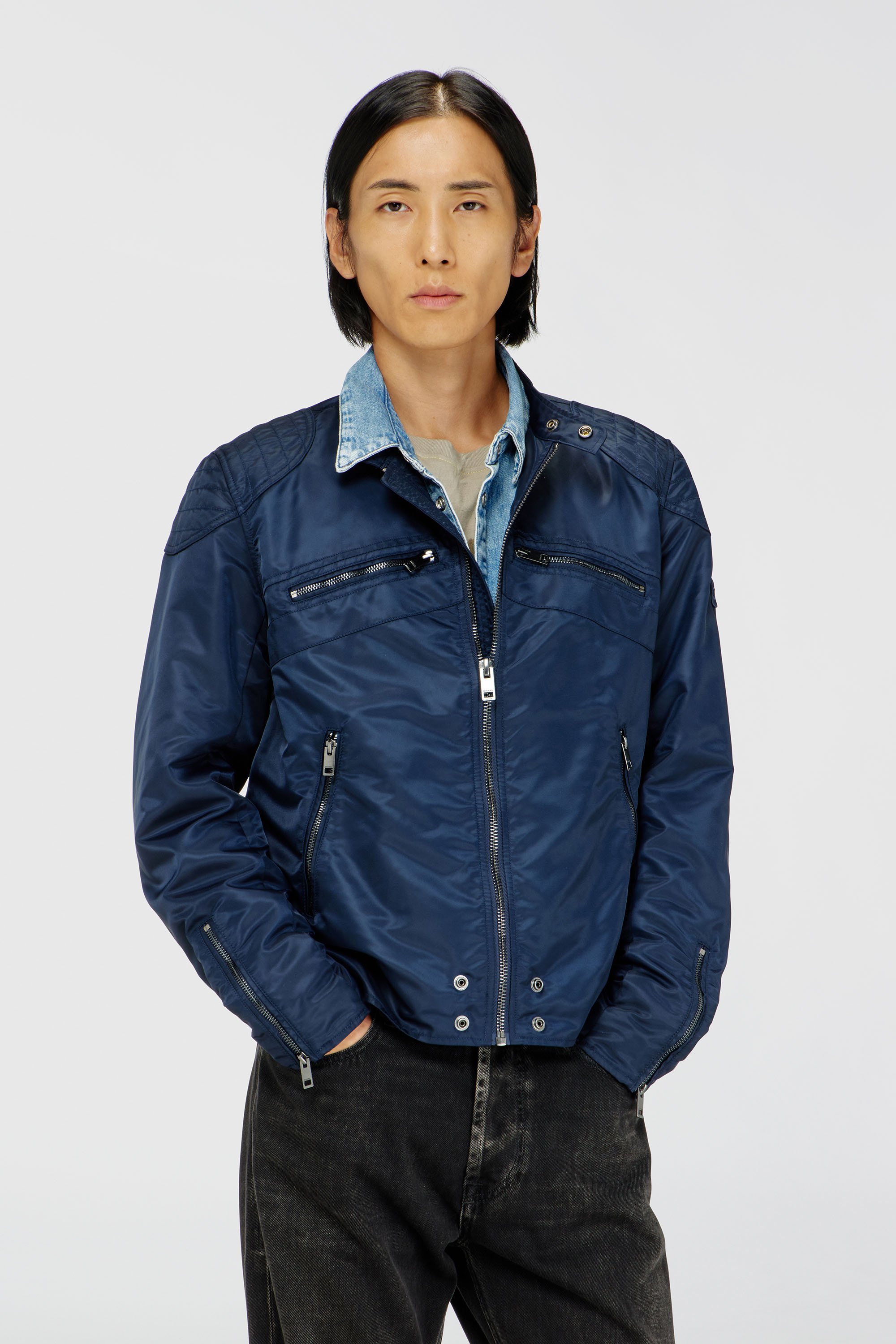 Diesel - J-GLORY-T92, Man's Nylon jacket with quilted shoulders and zip pockets in Navy Blue - 3