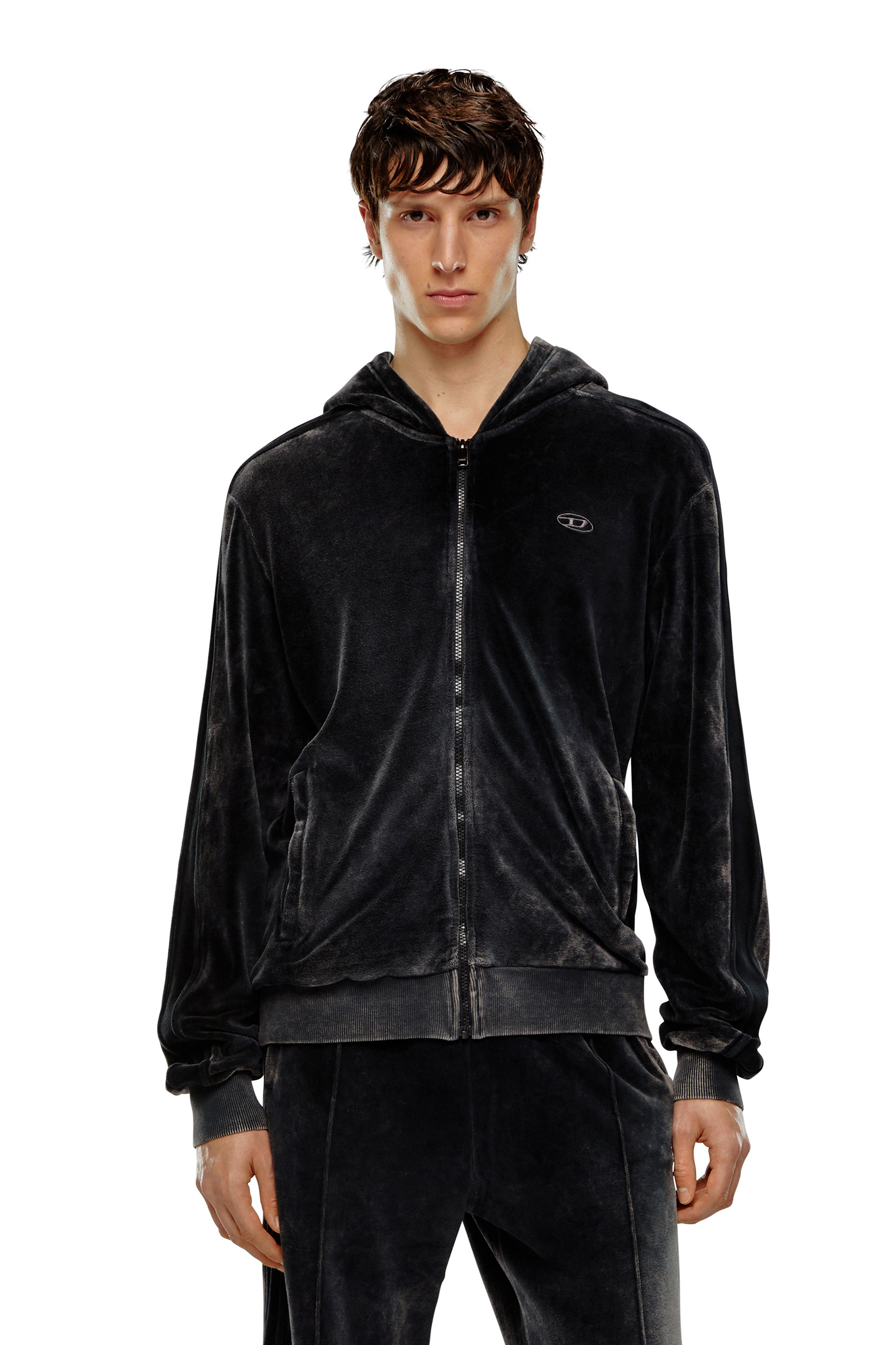 Diesel - S-OCLOCK, Man Acid-wash chenille zip-up hoodie in Black - Image 1