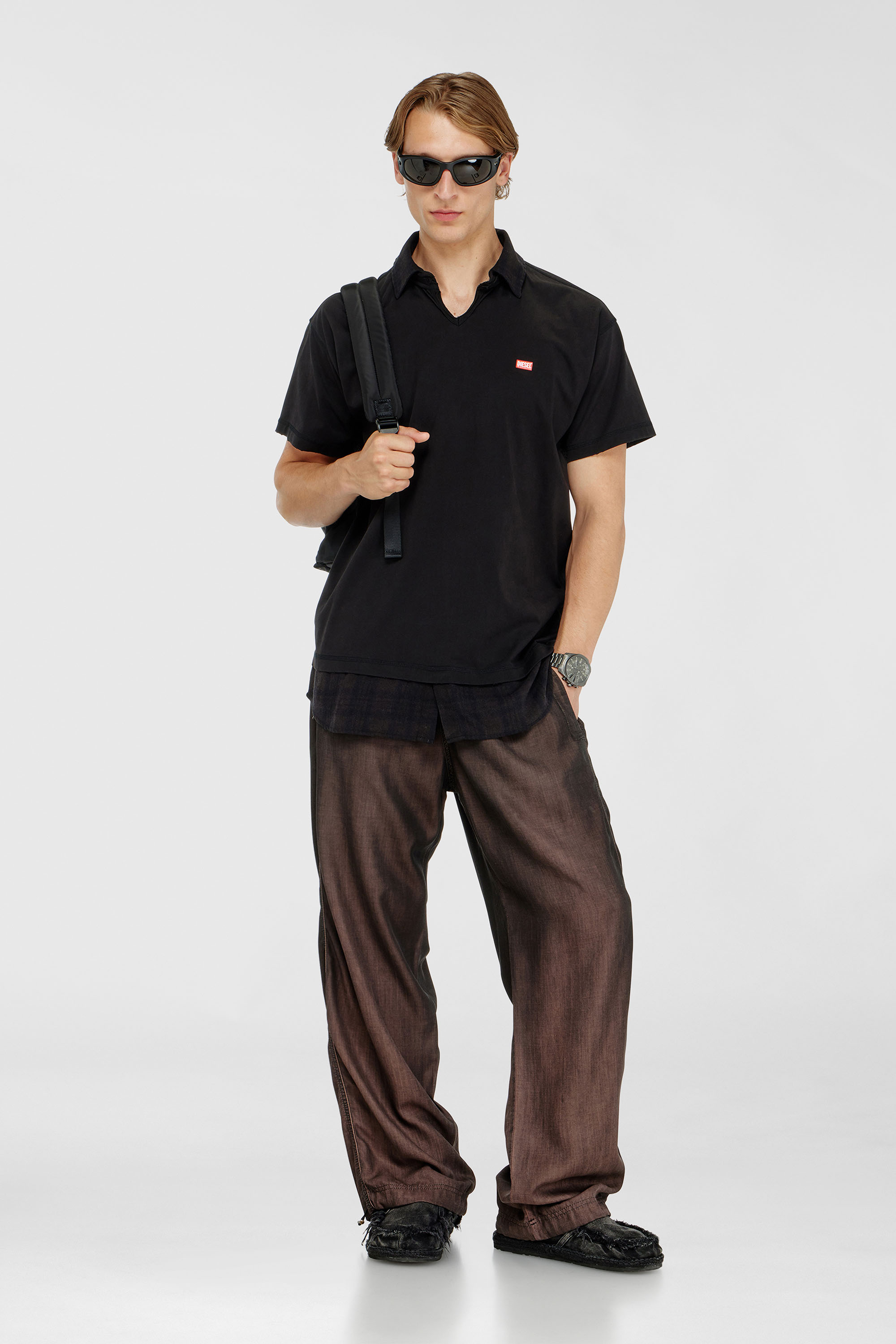 Diesel - T-ANSEL, Man's Jersey polo shirt with check flannel trims in Black - 1