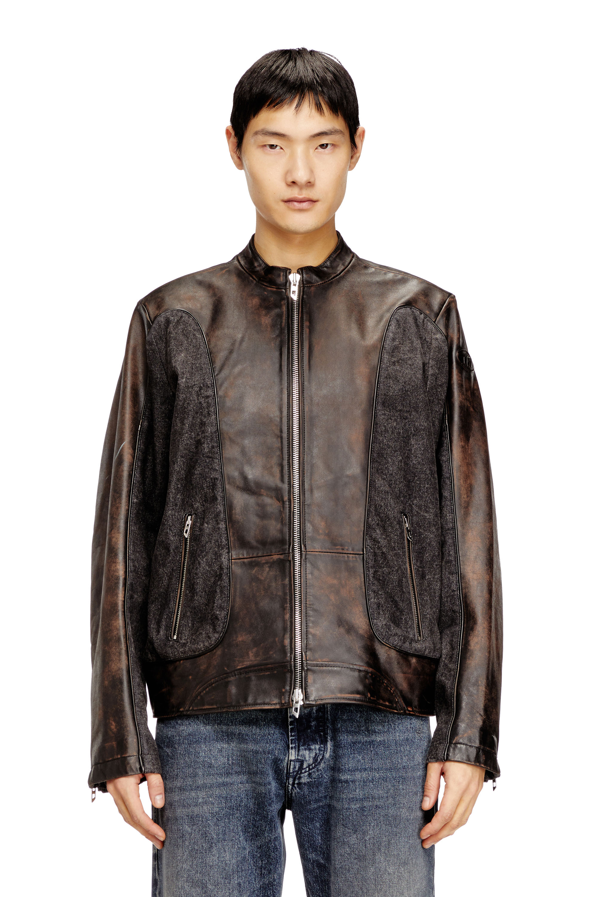 Diesel - L-KRILL-DNM, Man's Piped biker jacket in leather and denim in null - 3