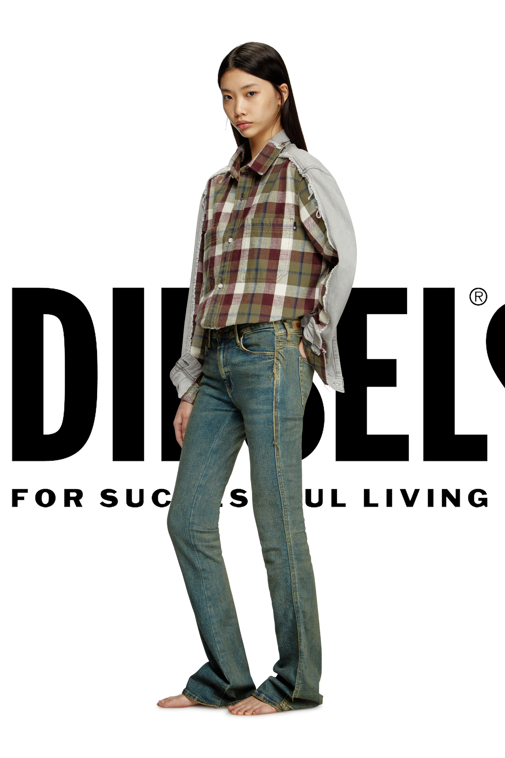 Diesel - Shirt Diseloves 8B, Unisex's Check and bleach-effect denim shirt in Red/Grey - 3