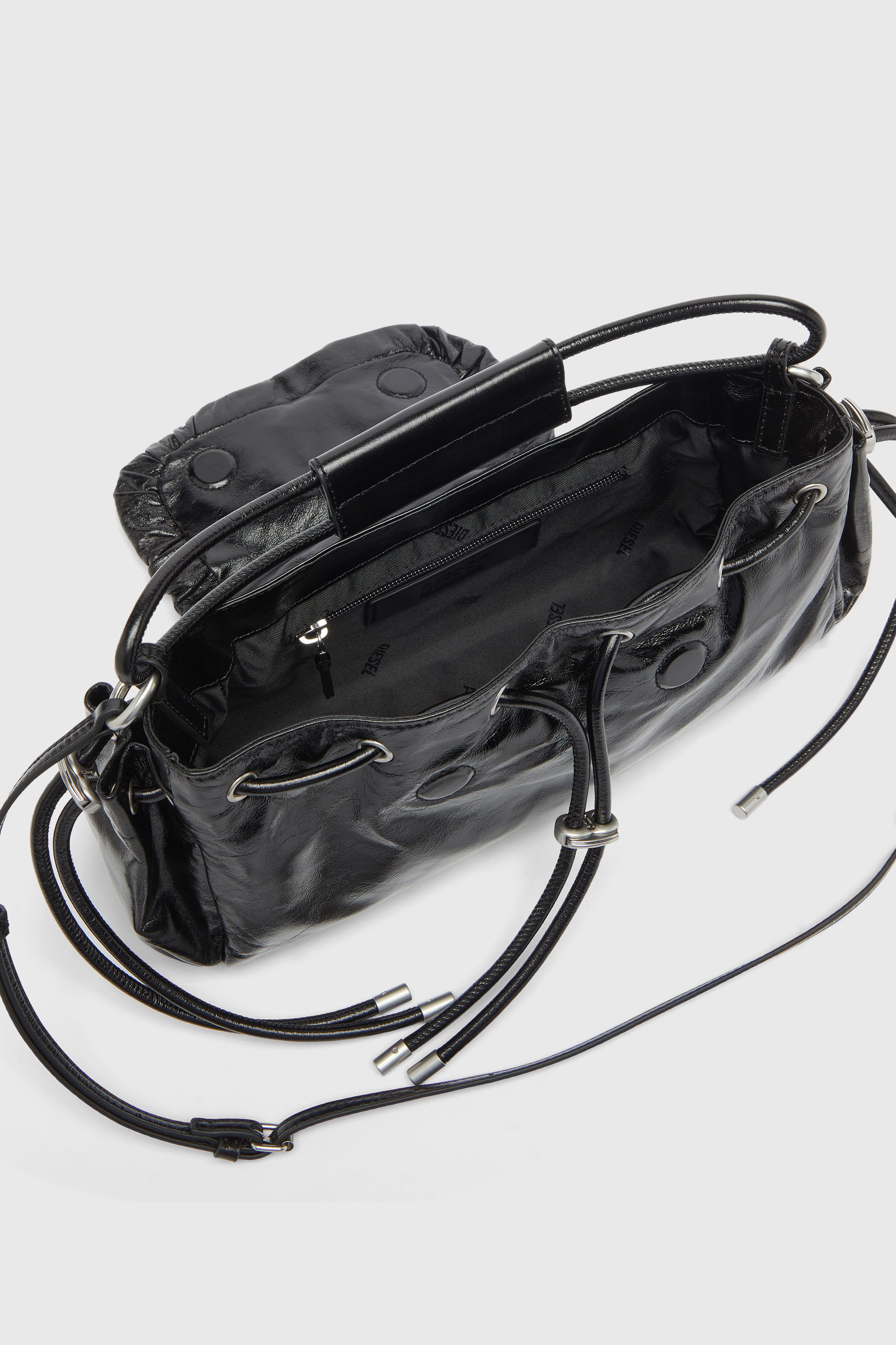 Diesel - SCRUNCH-D TOP HANDLE, Woman's Scrunch-D - Top-handle bag in shiny wrinkled leather in Black - 3