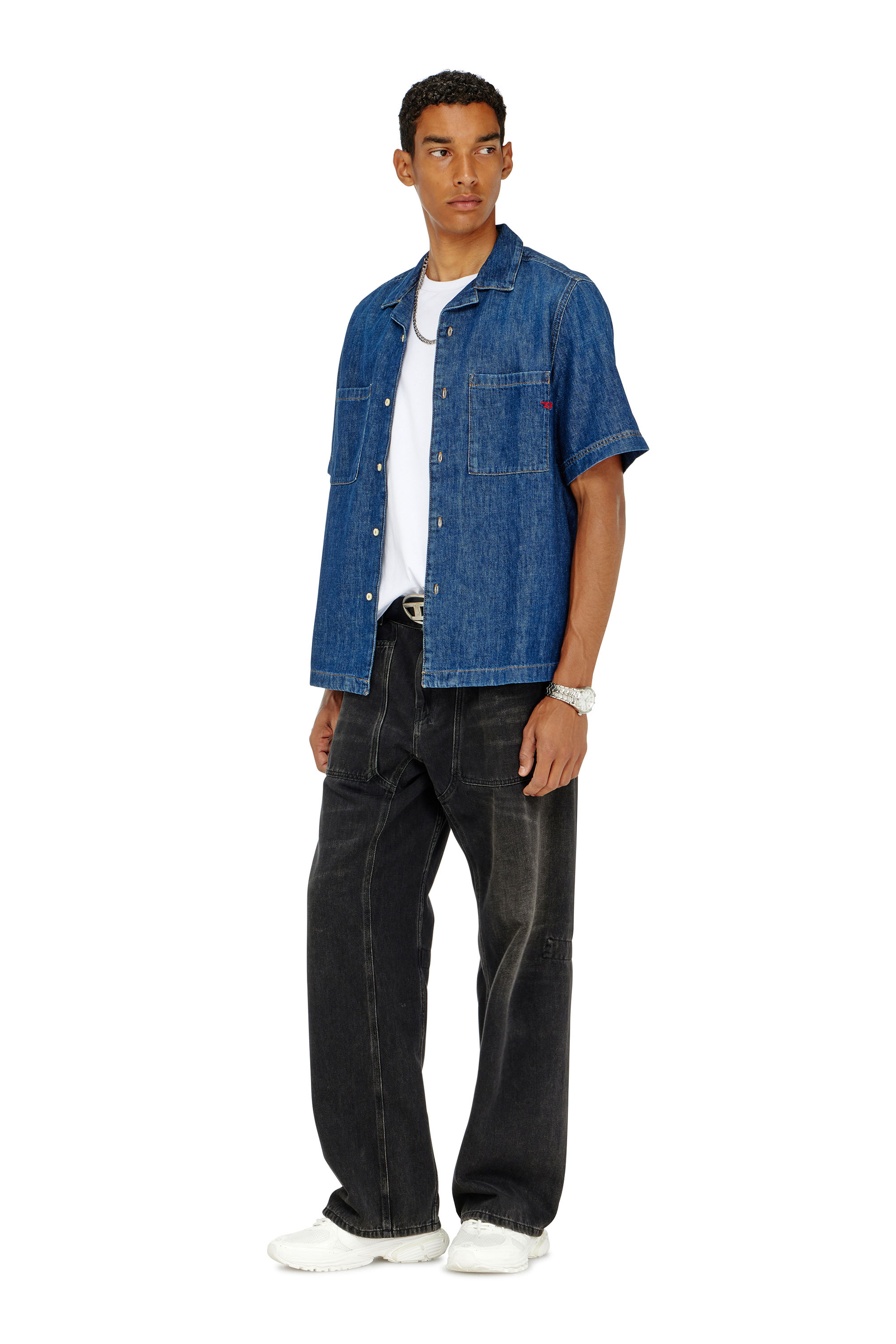 Diesel - D-PAROSHORT, Man's Bowling shirt in denim in Dark Blue - 1