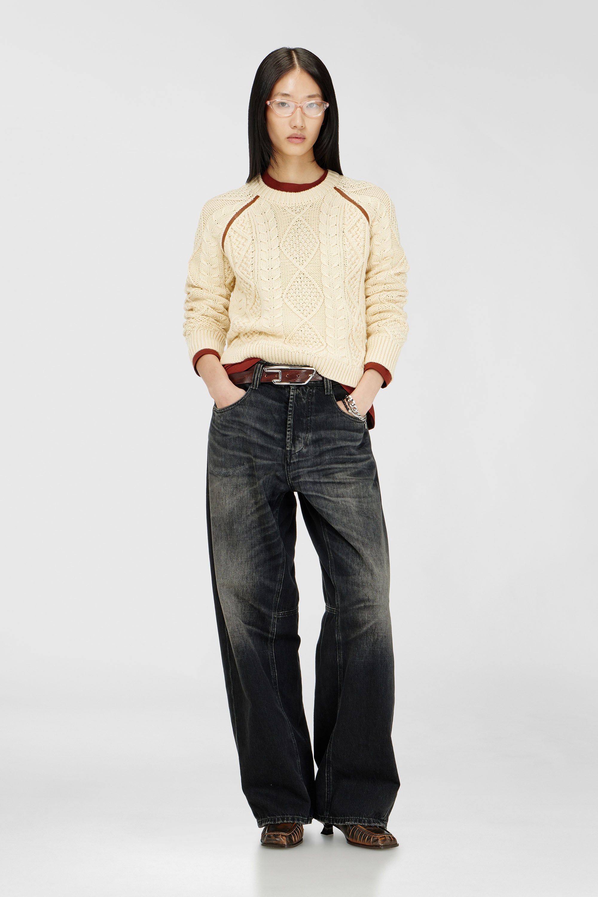 Diesel - M-INTANA, Woman's Cable-knit jumper with contrast bands in Yellow - 2