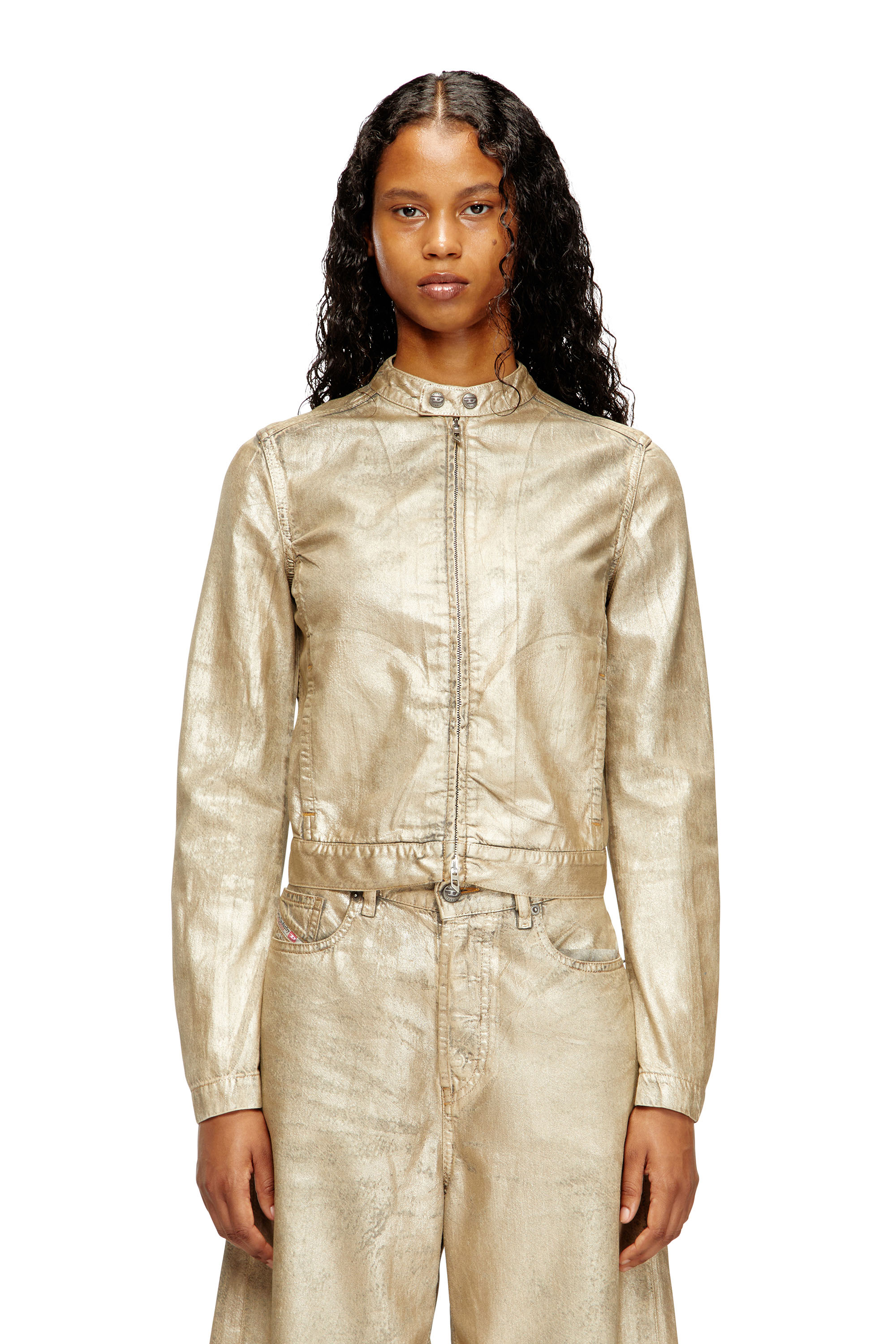Diesel - DE-MORNIN-KG, Woman's Moto jacket in distressed metallic denim in Gold - 1
