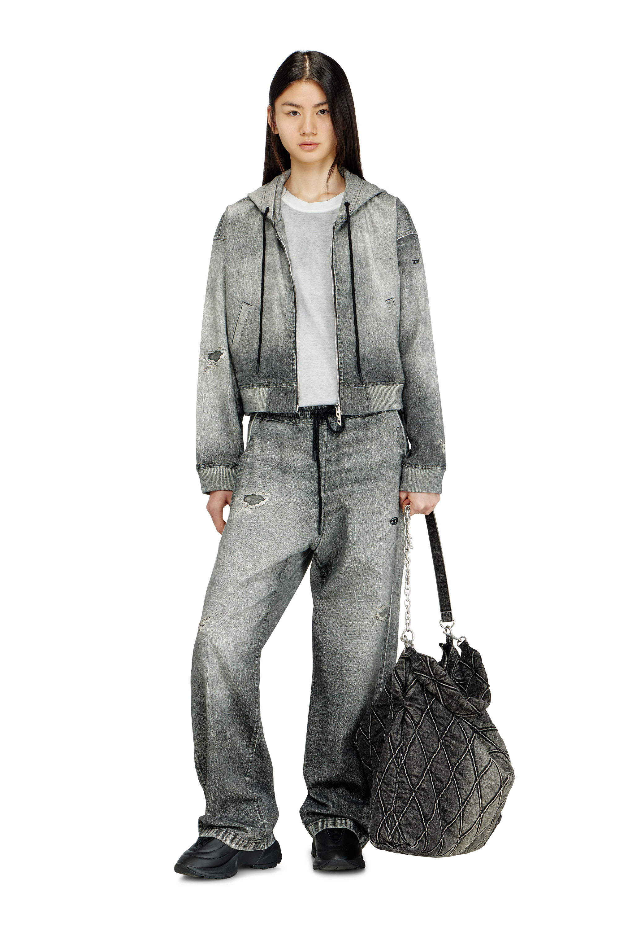 Diesel - DE-GIRI-CROP JOGG, Woman's Zip-up hoodie in trompe l'oeil JoggJeans in Grey - 2