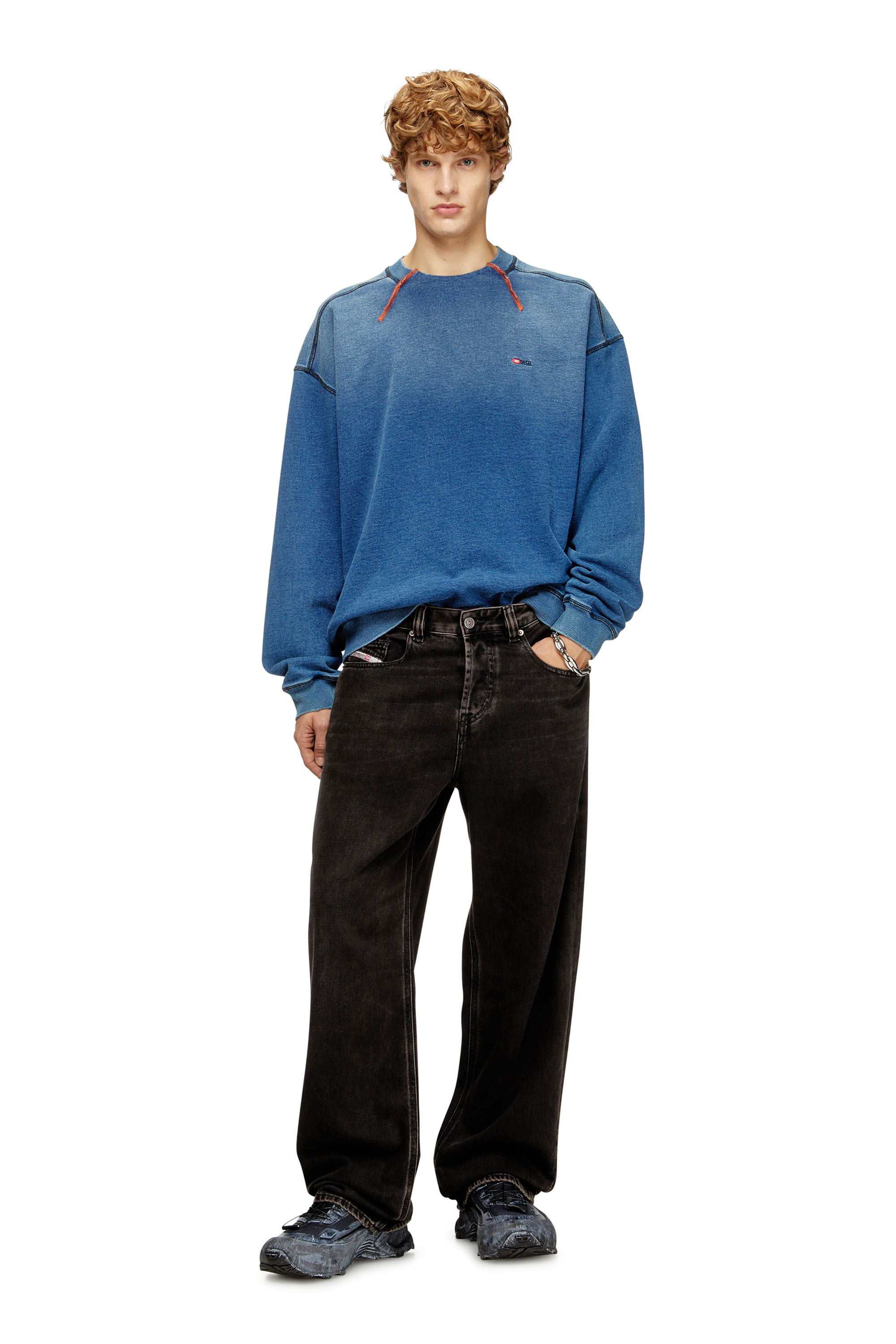 S-CRAO-BOXT, Blue Diesel - S-CRAO-BOXT, Man's Cotton sweater with contrasting stitching in Blue - 1