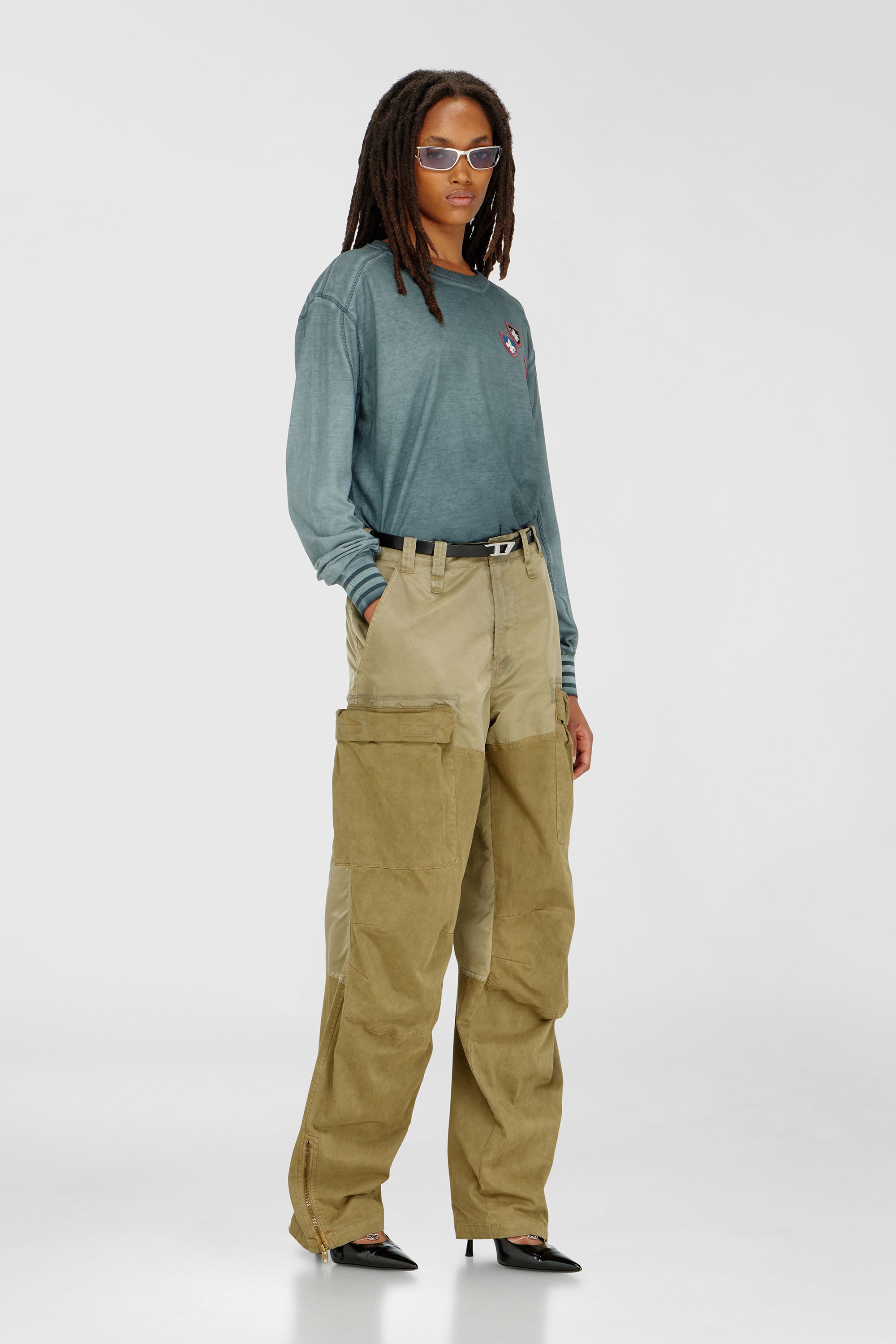 Diesel - T-BAWYE-LS, Woman's T-shirt with patches and microwaffle inserts in Dark Green - 2