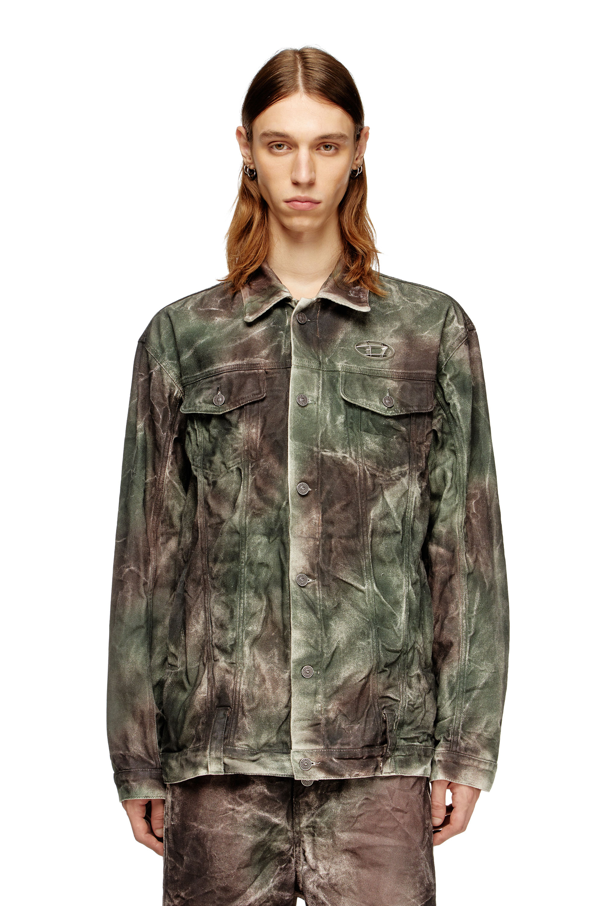 J-THUG-JKT, Brown/Green Diesel - J-THUG-JKT, Unisex's Trucker jacket in crinkled camo canvas in Brown/Green - 3