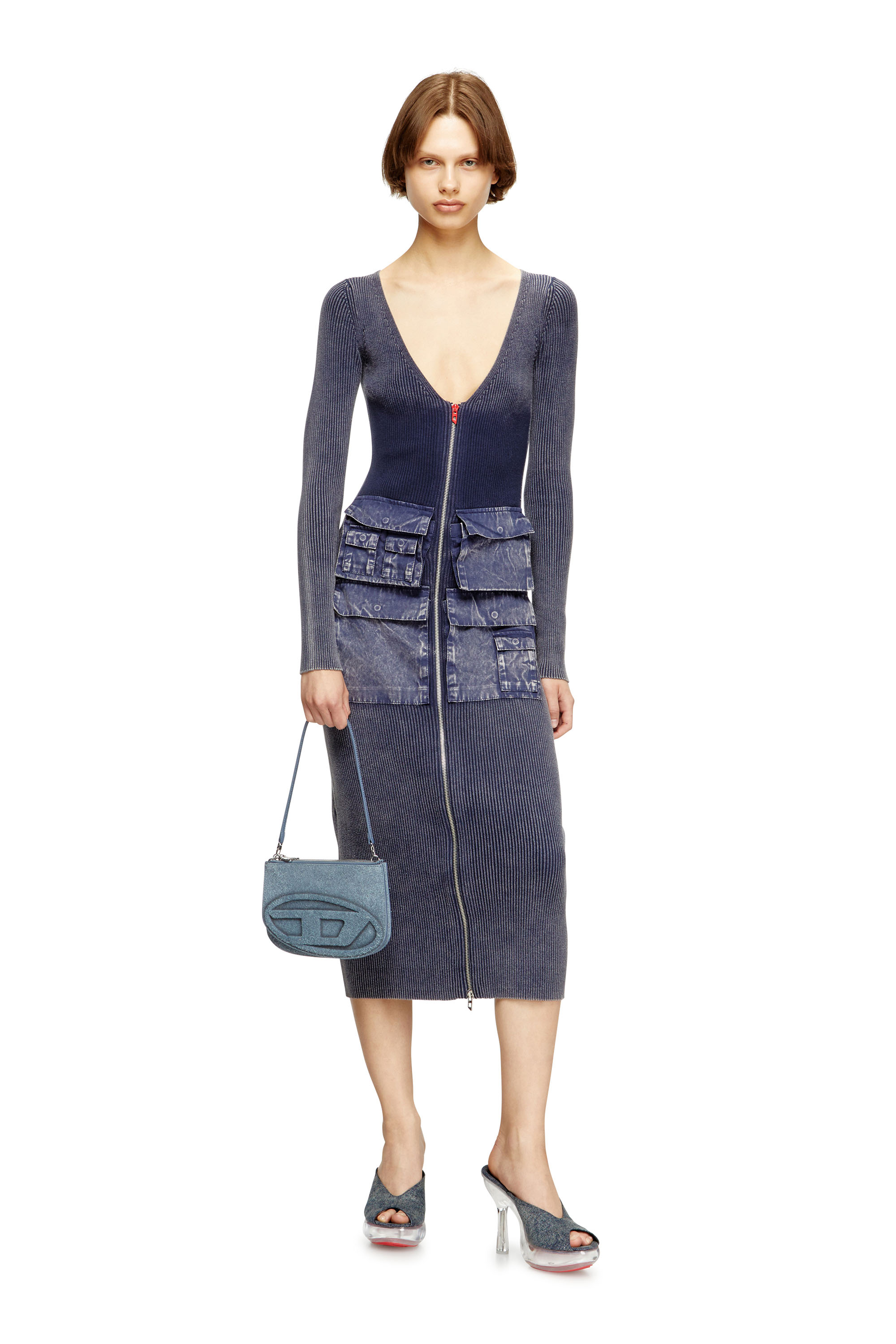 Diesel - M-MELTI-LS, Woman's Ribbed midi dress with denim treatment in Blue - 1