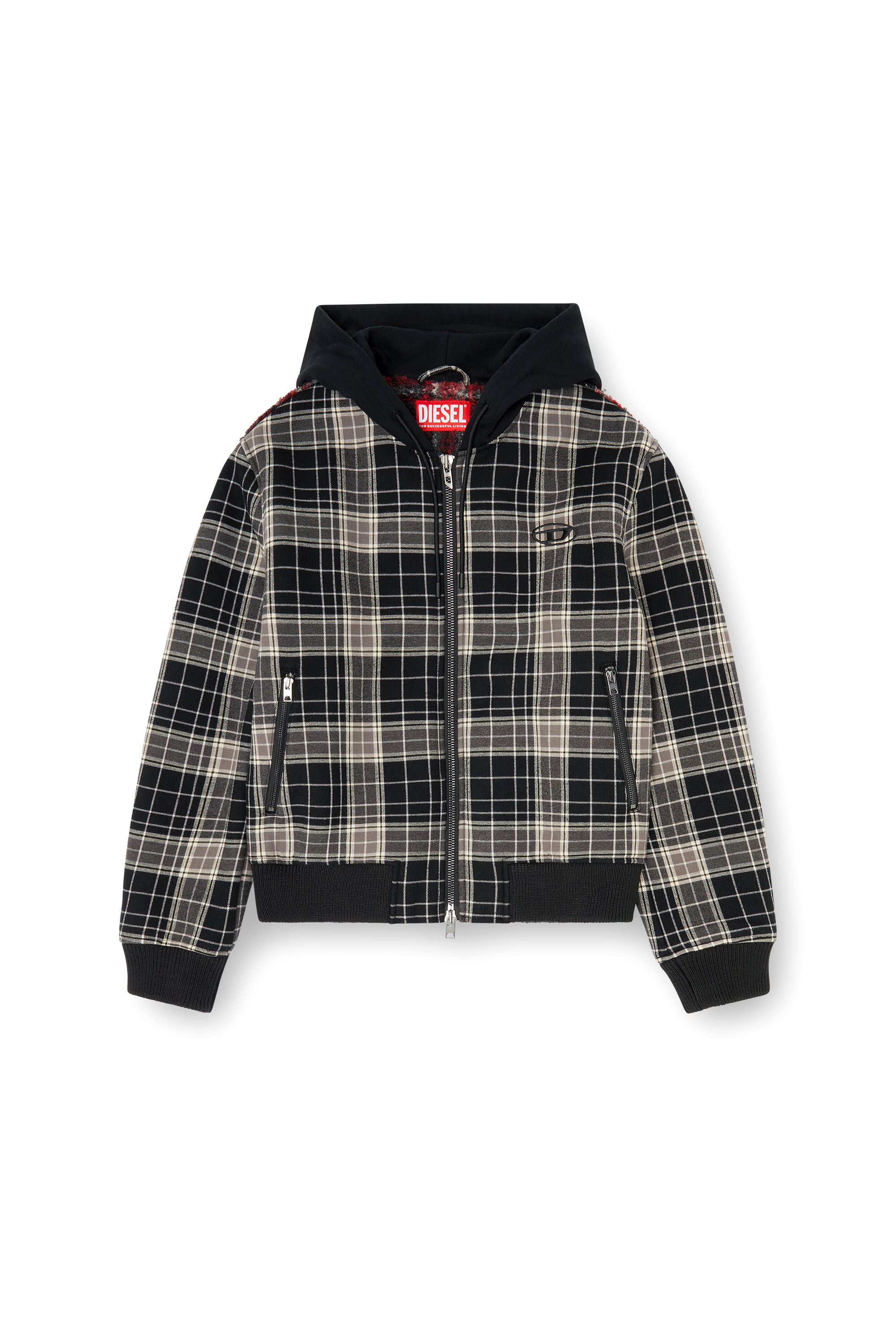 Diesel - W-KUNST, Man's Check-flannel bomber jacket with teddy interior in Grey/Black - 3