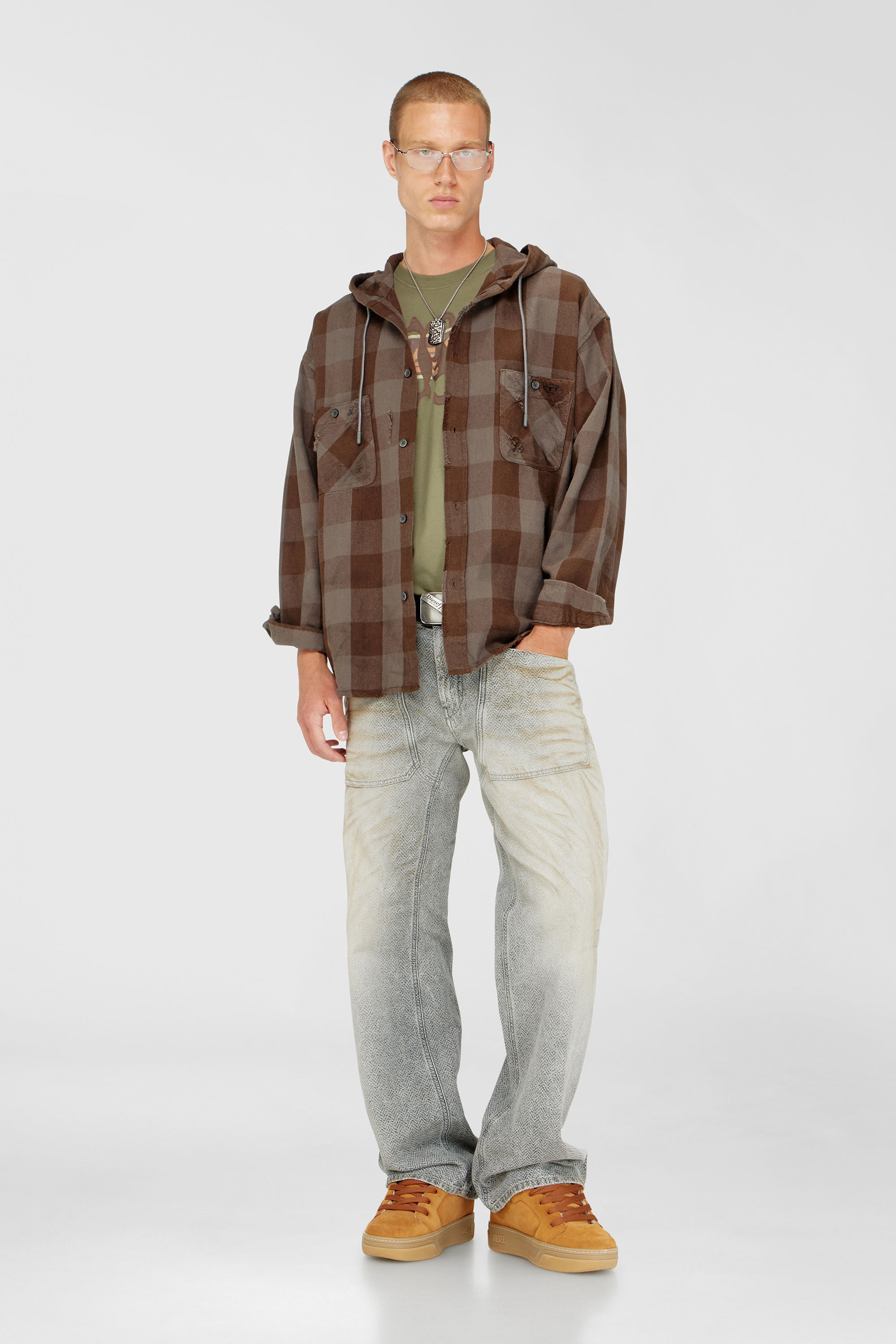 Diesel - S-DRUM-HOODY, Man's Distressed hooded shirt in check flannel in Brown - 1