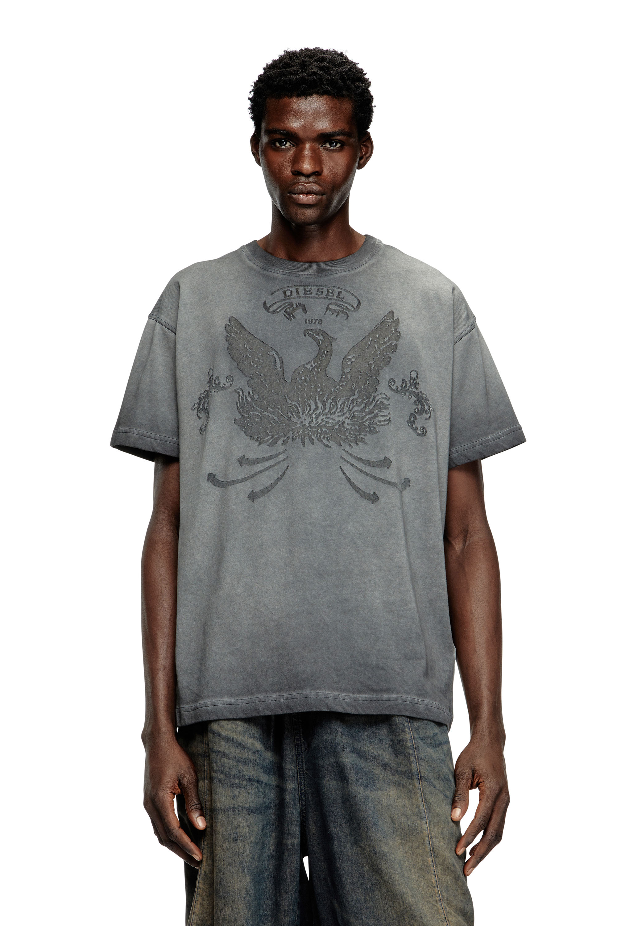 T-NORM-T9, Grey Diesel - T-NORM-T9, Man's T-shirt with phoenix devoré in Grey - 3