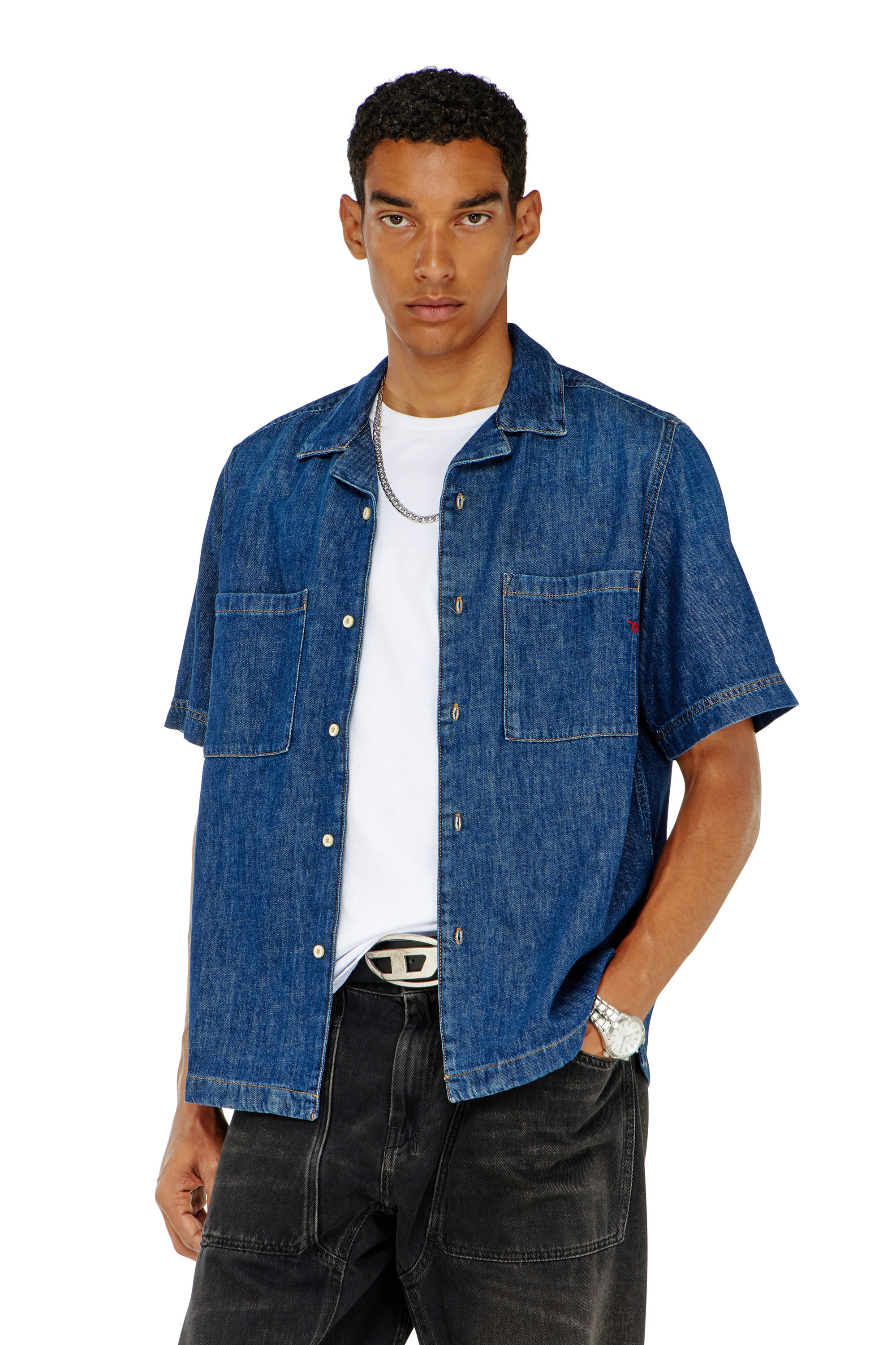Diesel - D-PAROSHORT, Man's Bowling shirt in denim in Dark Blue - 3