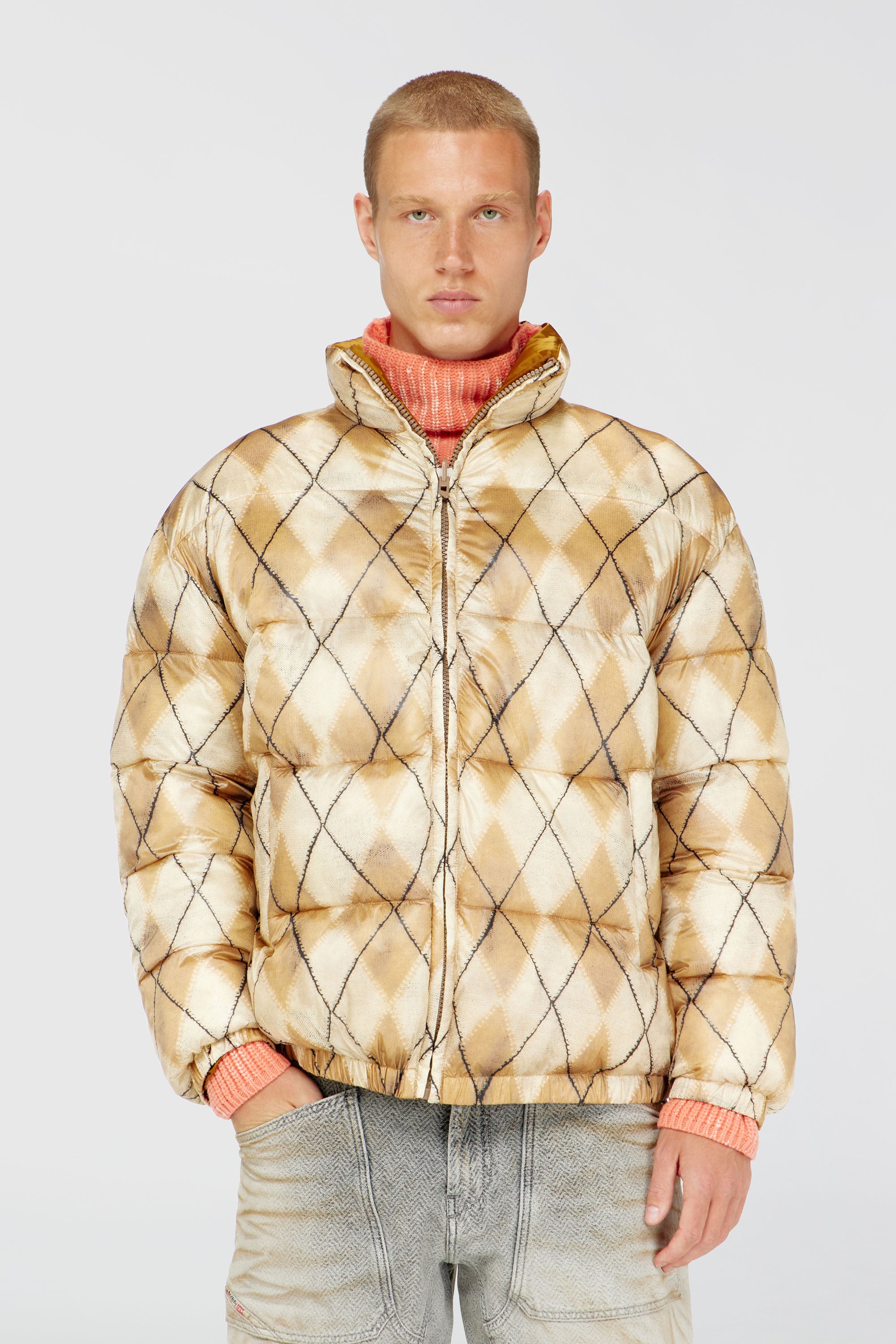 Diesel - W-BOURB-DLCK, Man's Reversible puffer jacket with argyle print in Beige/Brown - 3