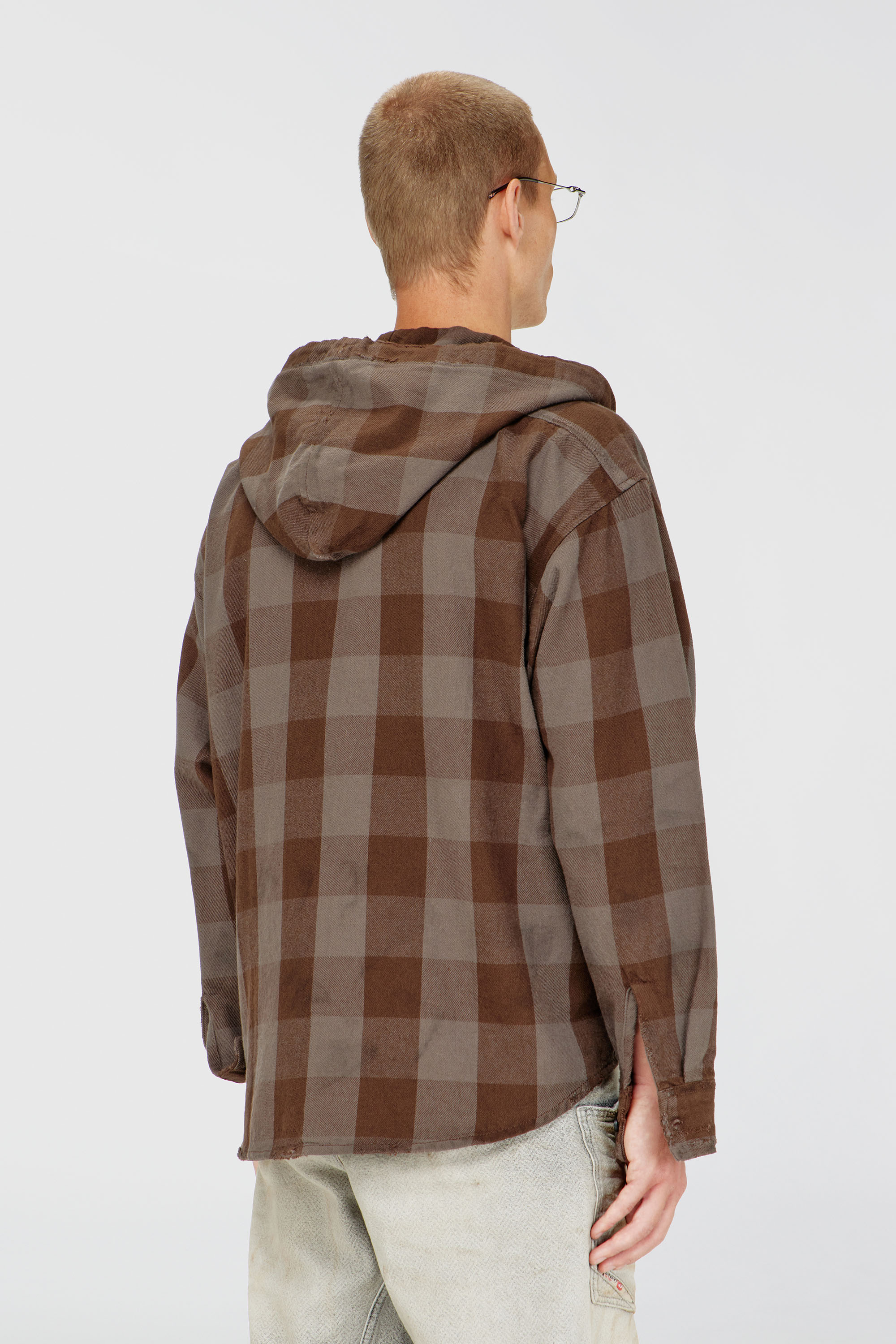 Diesel - S-DRUM-HOODY, Man's Distressed hooded shirt in check flannel in Brown - 4